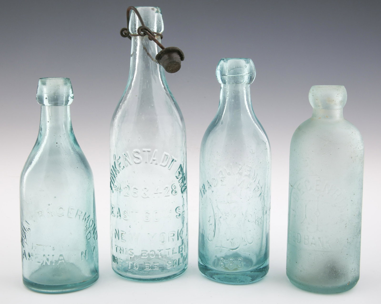 19TH & 20TH C. EAST COAST GLASS BOTTLES - LOT OF 4: 19TH & 20TH C. EAST COAST GLASS BOTTLES - LOT OF 4 Lot of 4 East coast 19th and 20th century glass bottles. Includes: Pulver & Germond bottle. Marked "Pulver & Germond Amenia N.Y." on the side