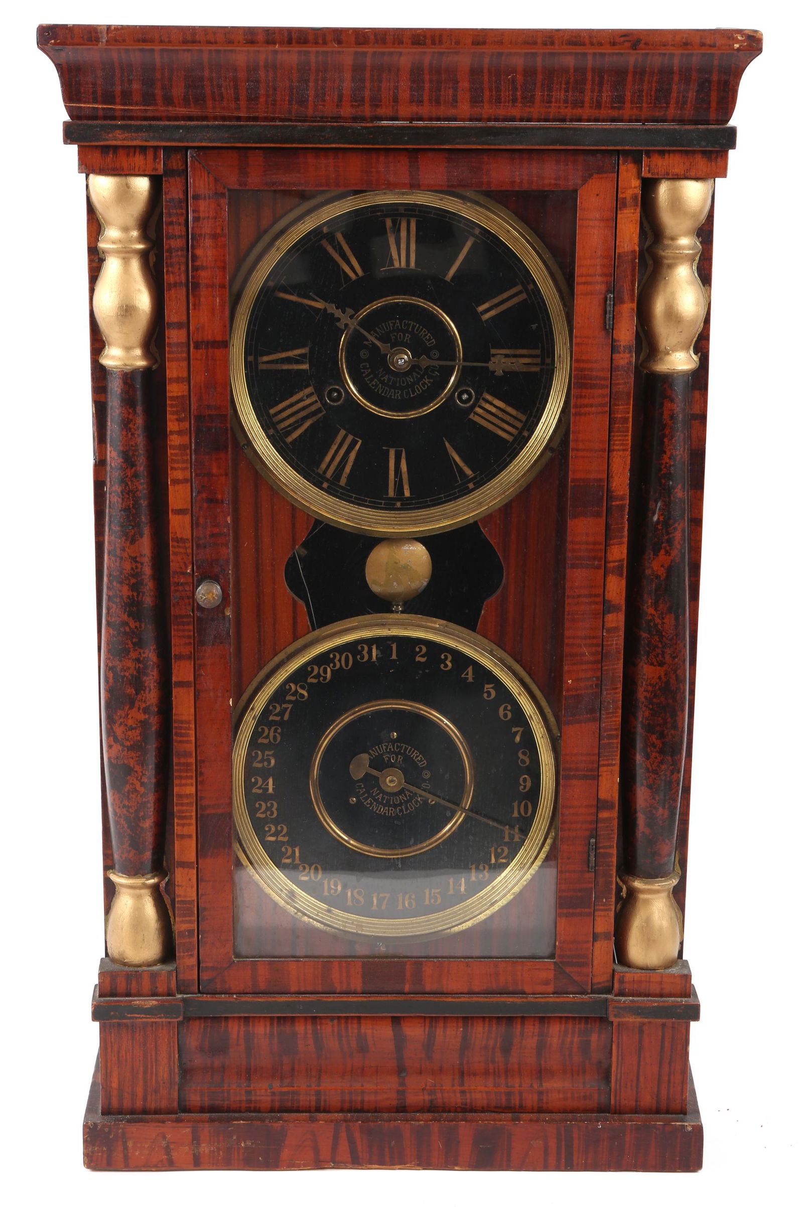 NATIONAL CALENDAR CLOCK COMPANY TWO DIAL WOODEN CLOCK (1 of 6)