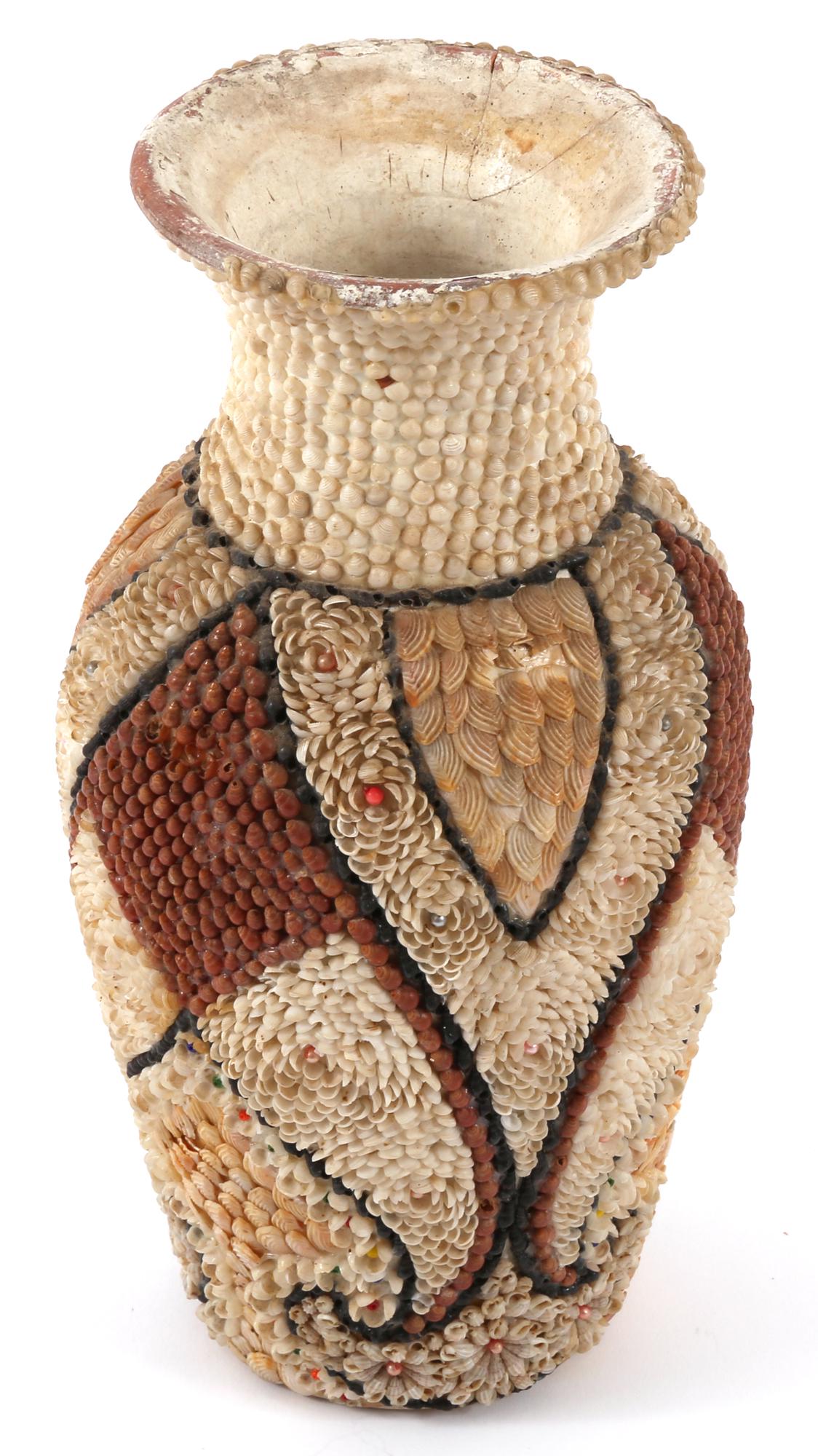 CERAMIC SEASHELL VASE - 10": CERAMIC SEASHELL VASE - 10" Ceramic vase decorated with seashells. Height: 10". Size: 10"