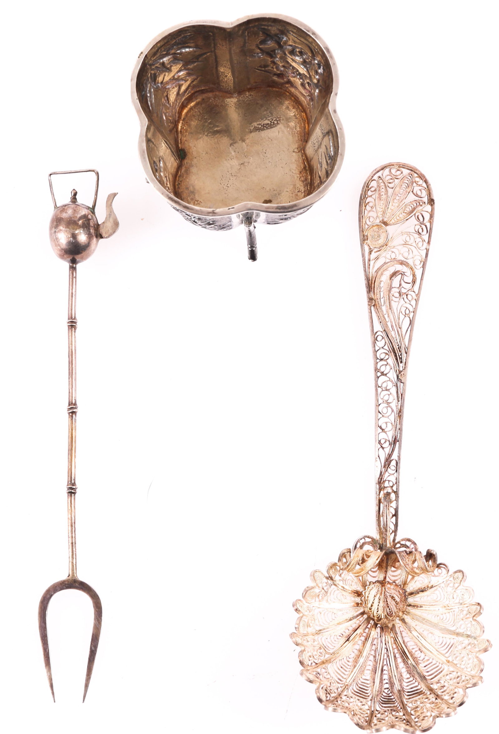 STERLING SILVER - SALT CELLAR, OLIVE FORK, DECOR SPOON (1 of 6)