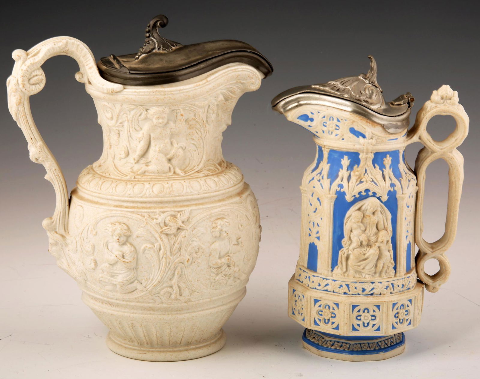 19TH C. CERAMIC PITCHERS WITH PEWTER LIDS - LOT OF 2 (1 of 12)