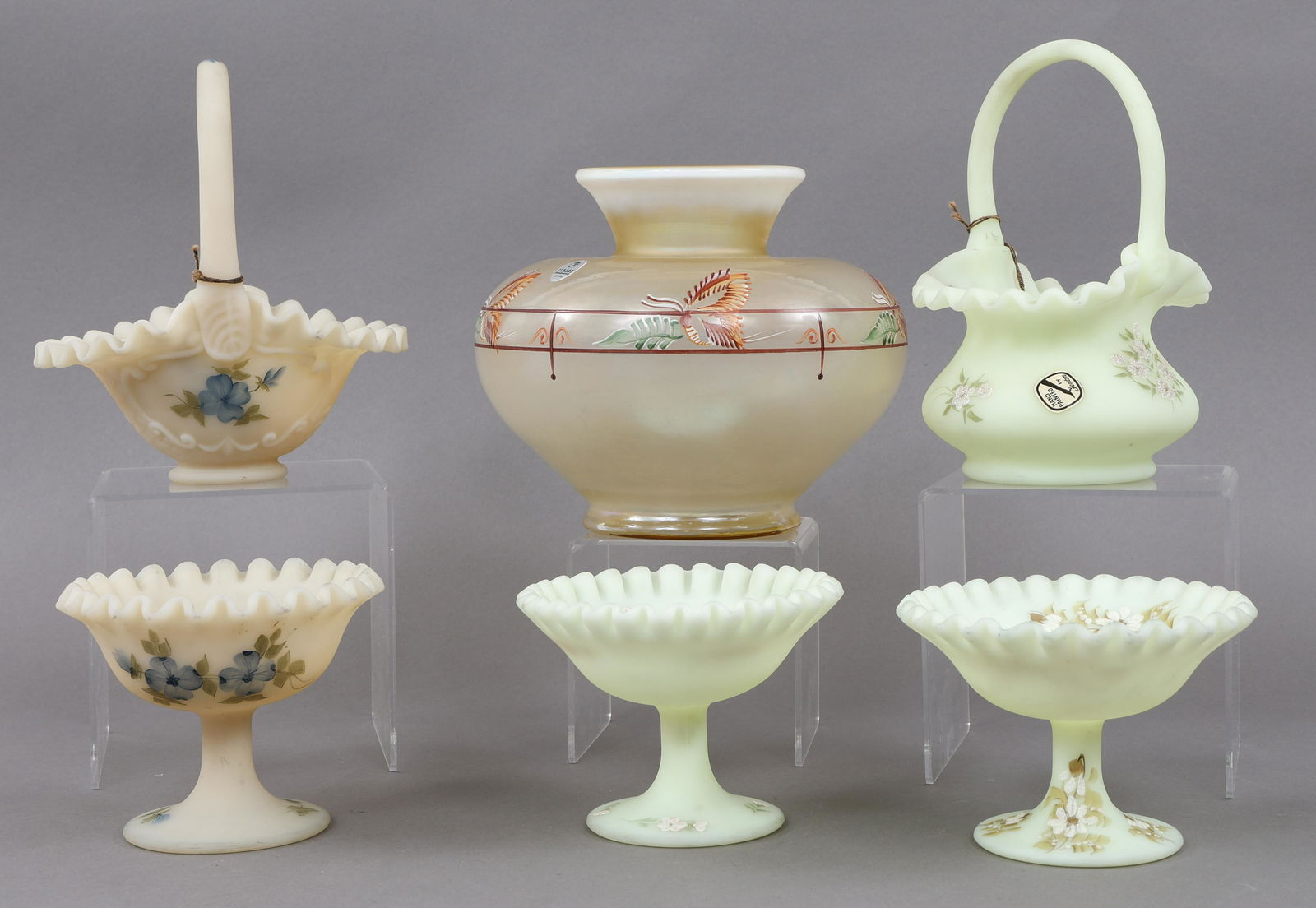 FENTON HAND-PAINTED GLASS - COMPOTES, BASKETS, VASE (1 of 15)