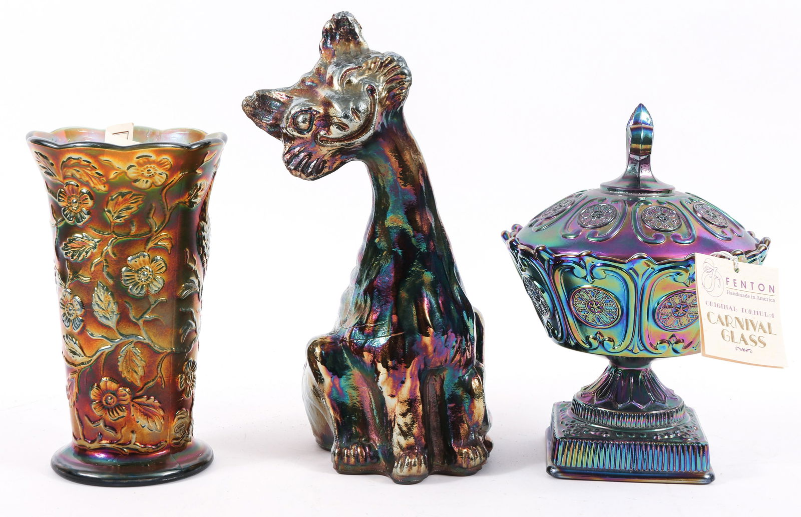 FENTON CARNIVAL GLASS BOX, VASE, AND CAT FIGURINE (1 of 7)