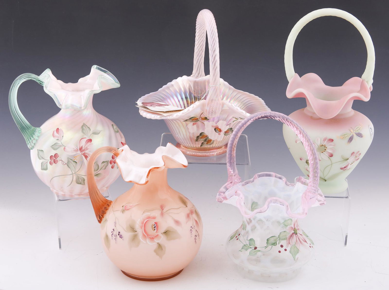 FENTON HAND-PAINTED GLASS PITCHERS & BASKETS (1 of 11)