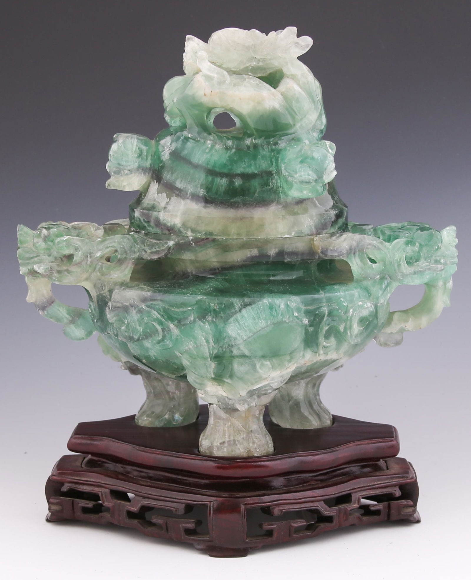 CHINESE CARVED GREEN QUARTZ CENSOR WITH WOODEN BASE (1 of 13)