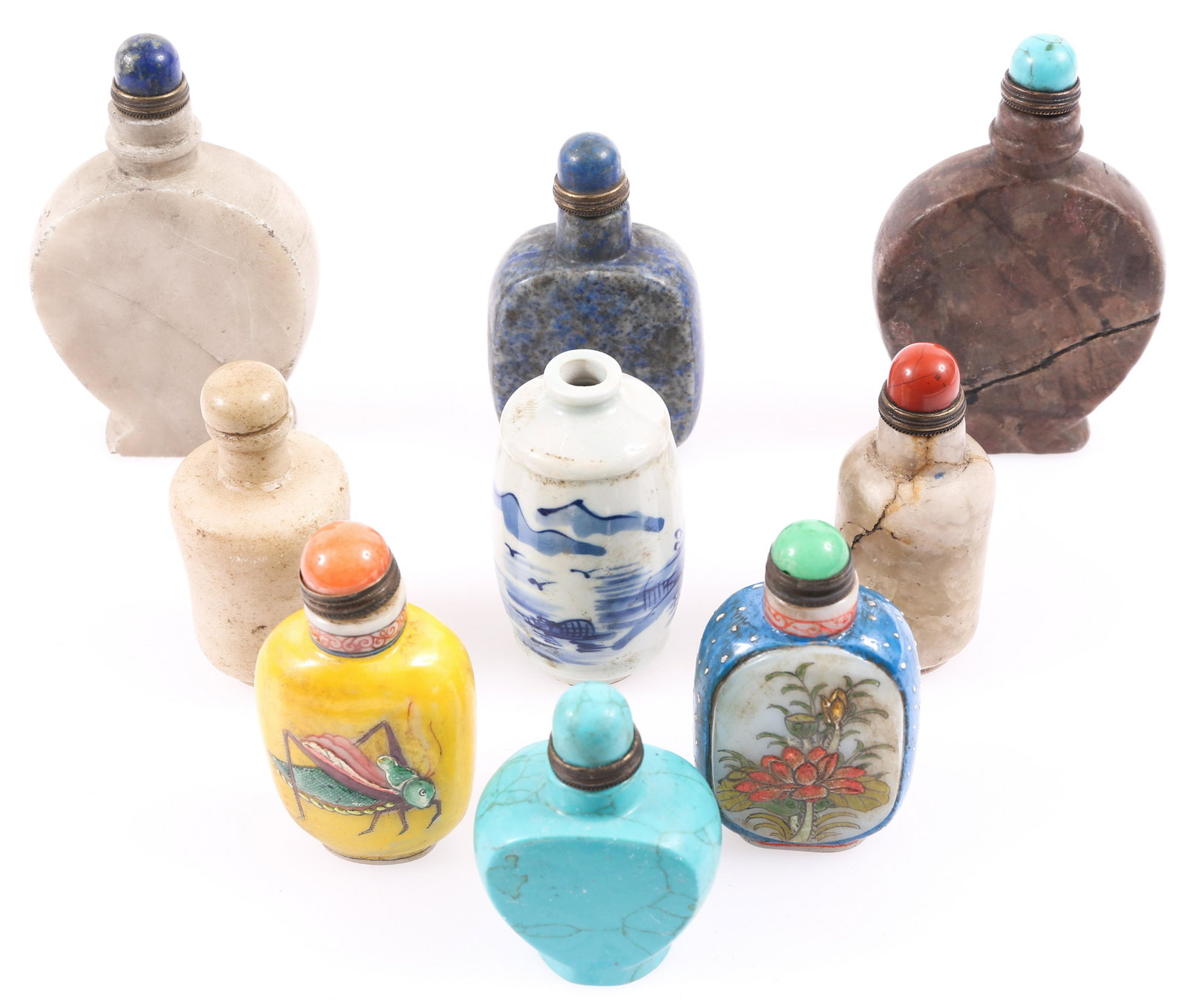 CHINESE CARVED STONE & CERAMIC SNUFF BOTTLES LOT OF 9 (1 of 19)
