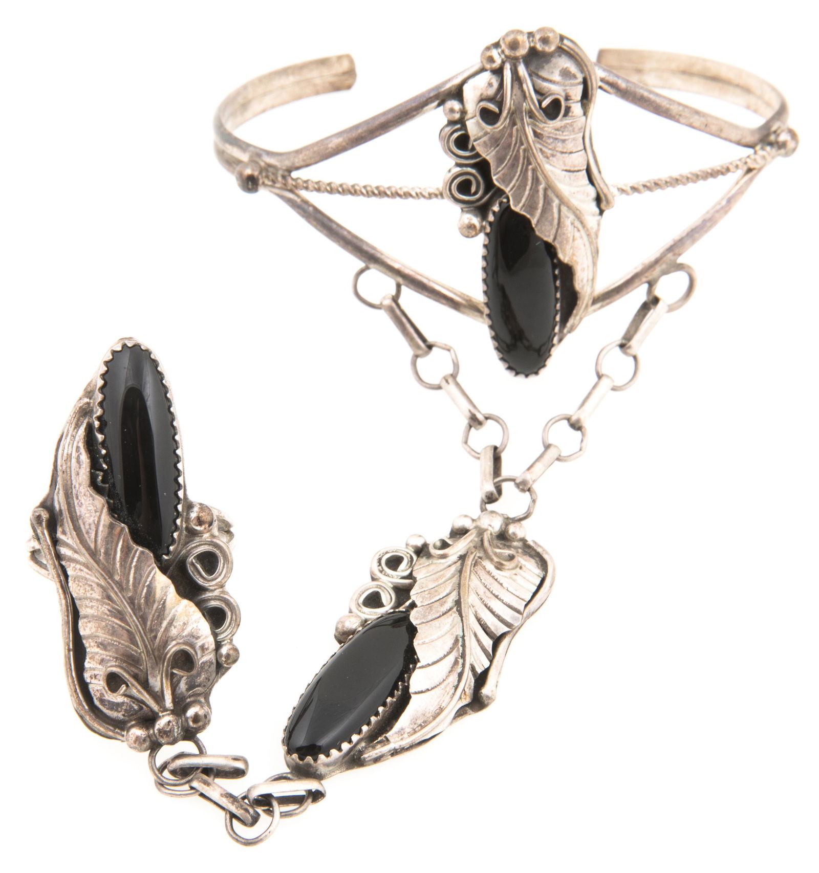 NATIVE AMERICAN STERLING SILVER ONYX SLAVE BRACELET (1 of 5)