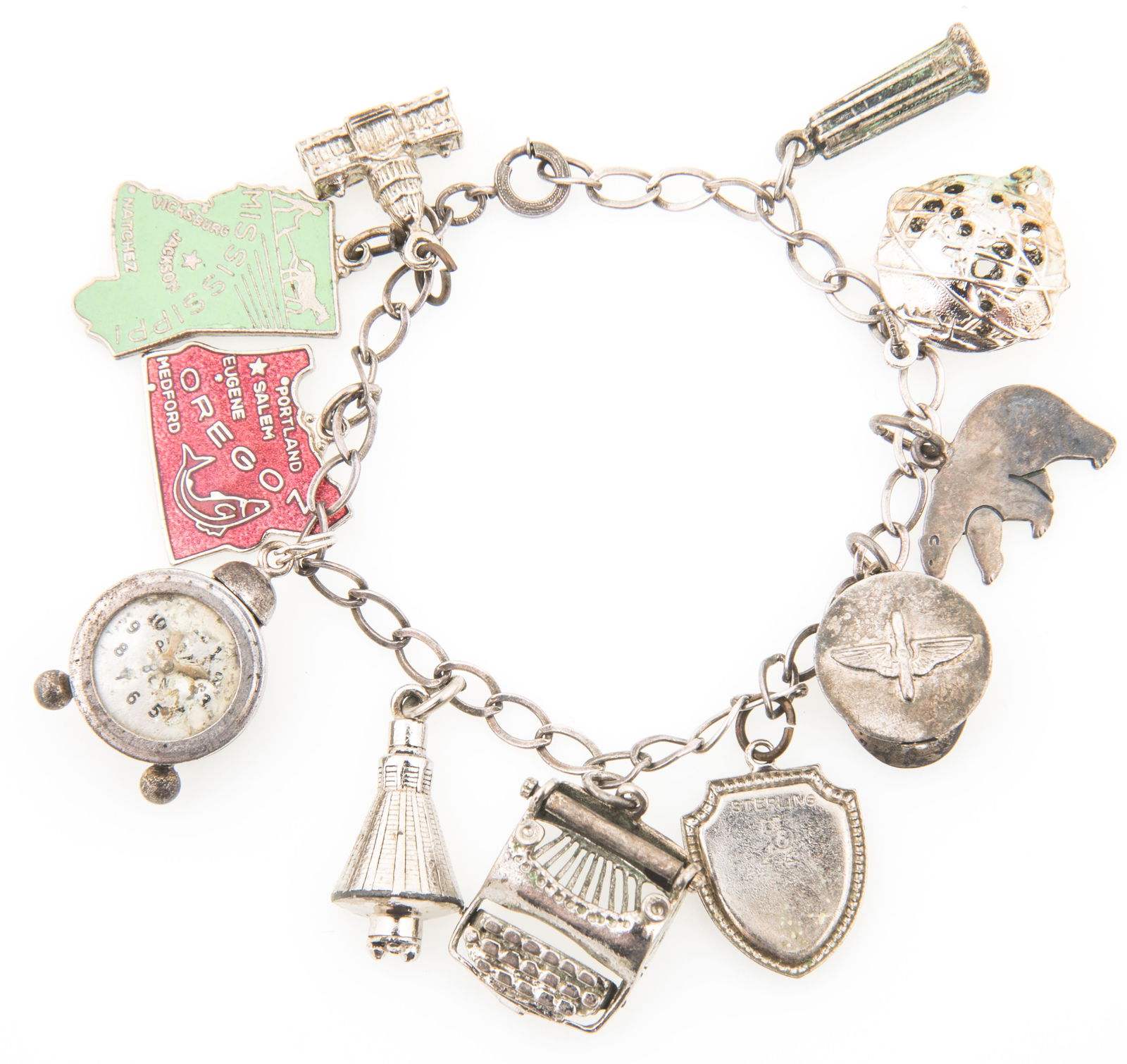 CHARM BRACELET WITH STERLING & SILVER TONE CHARMS (1 of 5)