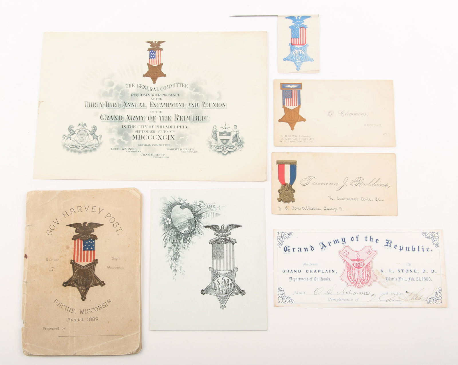 LATE 19TH C. GAR ENCAMPMENT & POST EPHEMERA - LOT OF 7 (1 of 4)