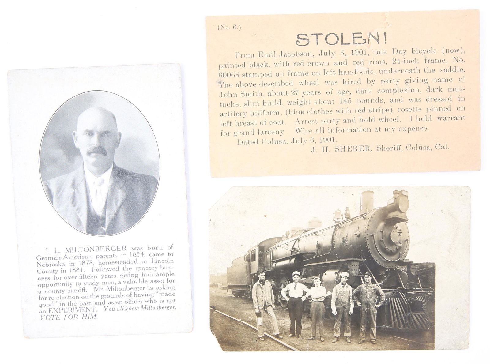 OLD WEST POSTCARDS: OLD WEST POSTCARDS Collection of post cards. Includes: Stolen bicycle notice from sheriff J. H. Sherer, Colusa, California. 5.50" x 3.25" Real photo post card for sheriff re-election, 1909 Lincoln Co