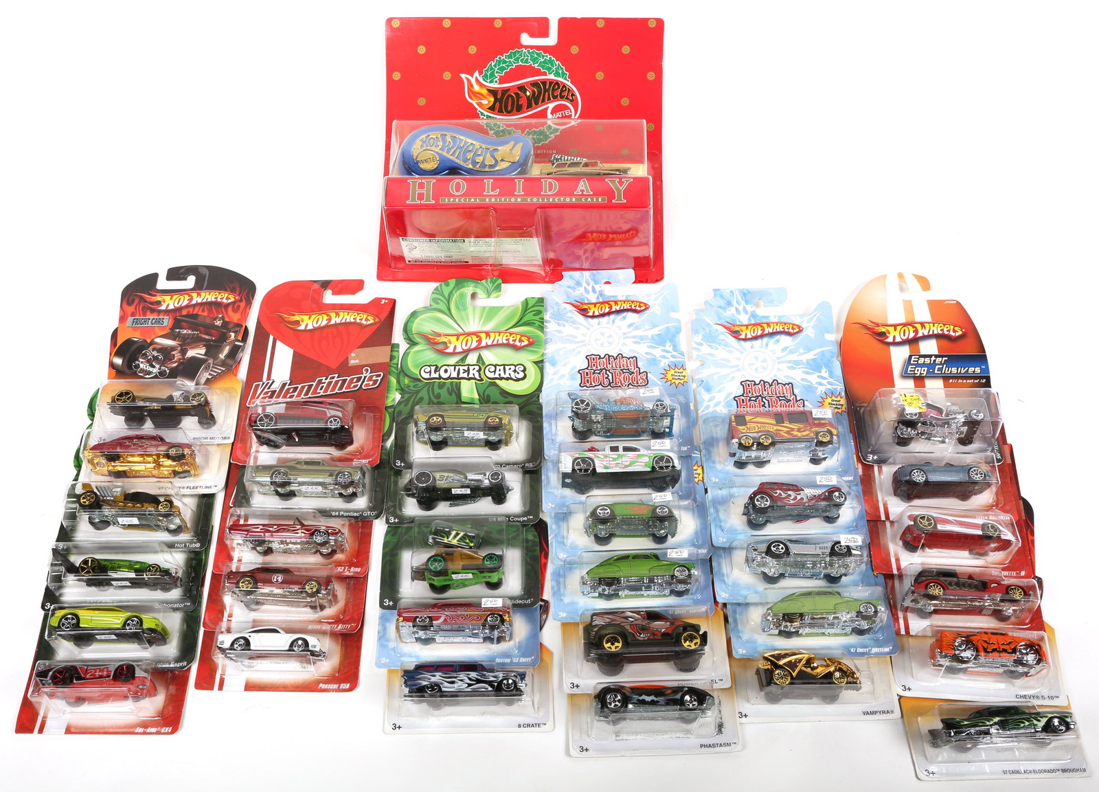HOT WHEELS HOLIDAY EDITIONS LOT OF 34: HOT WHEELS HOLIDAY EDITIONS LOT OF 34 Lot of Hot Wheels holiday editions cars. Includes: 2008 Clover Cars full set of 7. 2008 Valentine's 