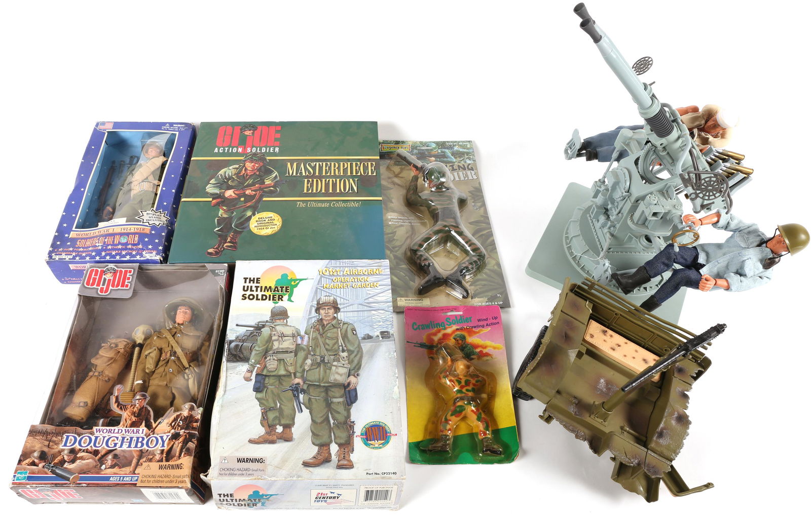 MILITARY ACTION FIGURE LOT OF 7: MILITARY ACTION FIGURE LOT OF 7 Lot of military action figures. Includes: G.I. Joe Masterpiece edition with original box. G.I. Joe WWI Doughboy edition with original box. <
