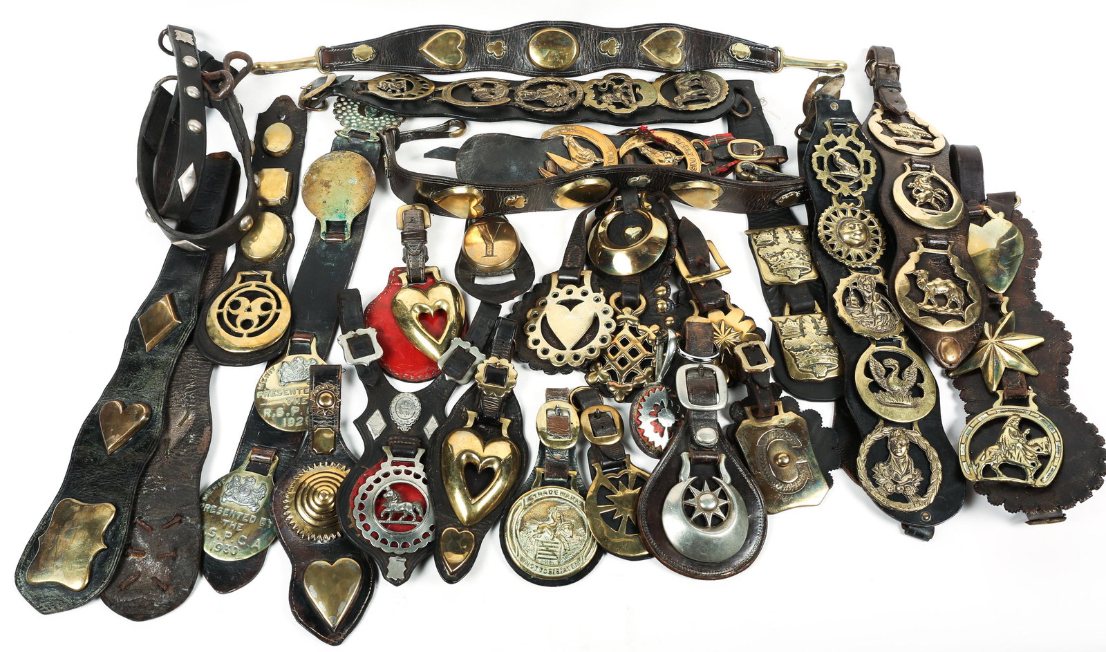 LATE 19TH AND 20TH C. HORSE BRASS & LEATHER STRAP LOT (1 of 6)