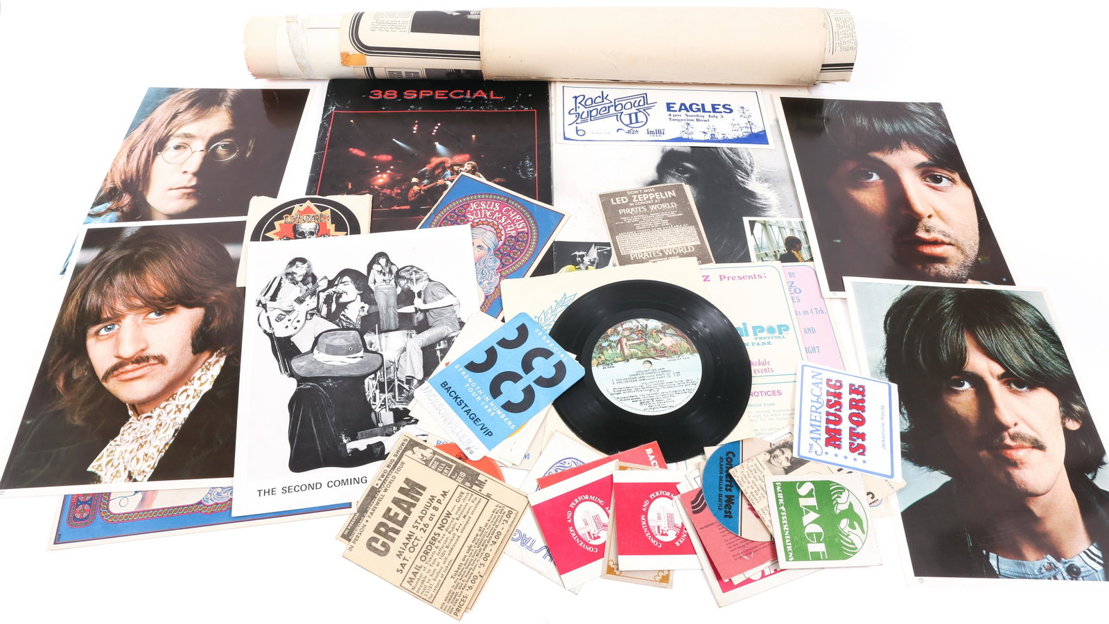20TH C. MUSIC MEMORABILIA - POSTERS, TICKET STUBS: 20TH C. MUSIC MEMORABILIA - POSTERS, TICKET STUBS 20th century music memorabilia, includes: Backstage passes Ticket stubs Concert brochures Band posters Photo prints