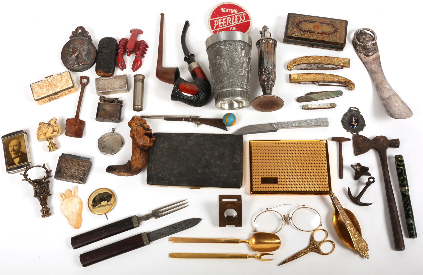 SMOKING PIPES, LIGHTERS, CIGAR CUTTER & OTHER: SMOKING PIPES, LIGHTERS, CIGAR CUTTER & OTHER Estate lot of 20th century gentlemen's desk top accessories. Includes: 2 Cigarette cases. 4 Lighters. 2 Pipes.</