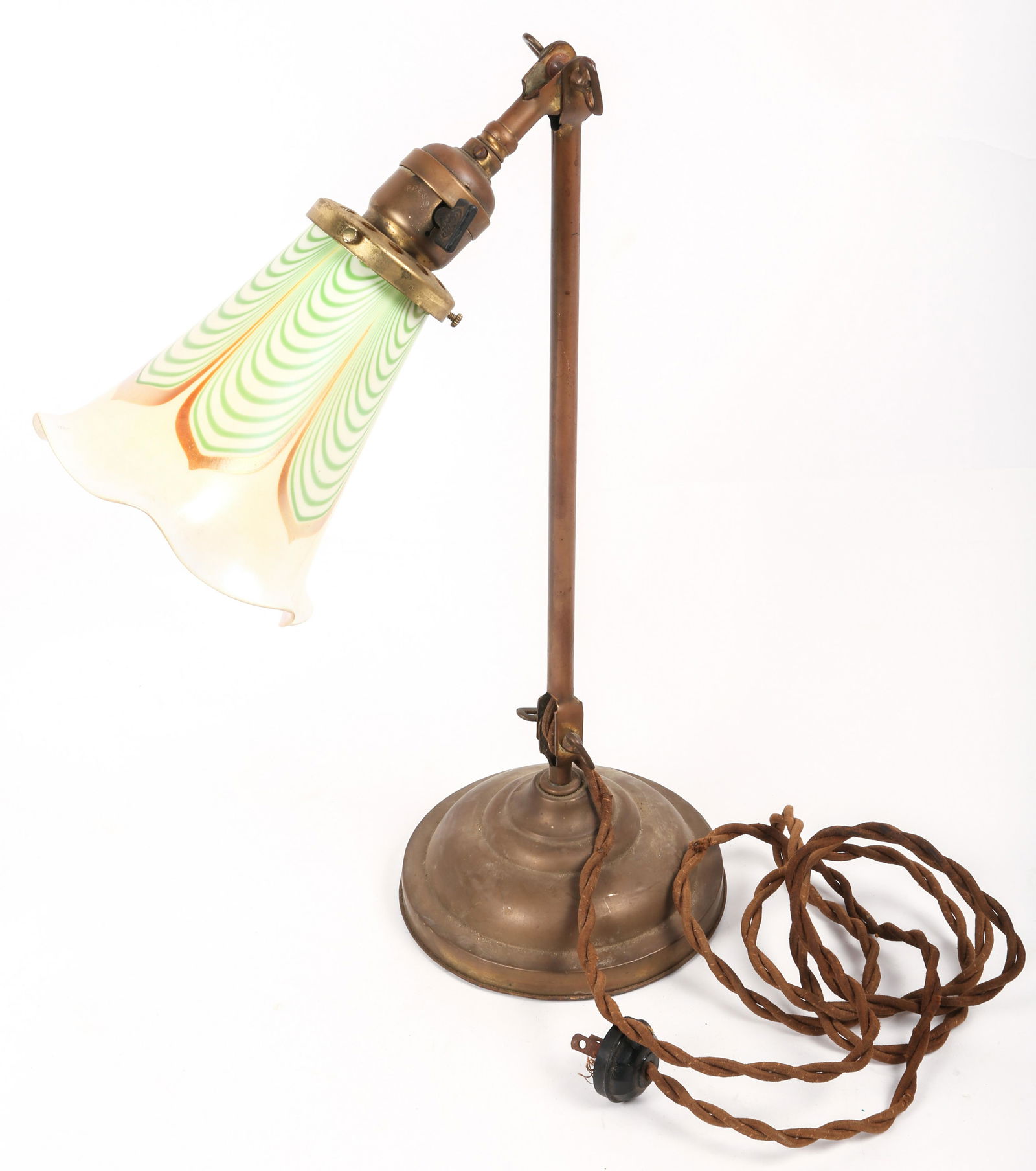 FARIES BRASS DESK LAMP W/ PULLED FEATHER GLASS SHADE (1 of 6)