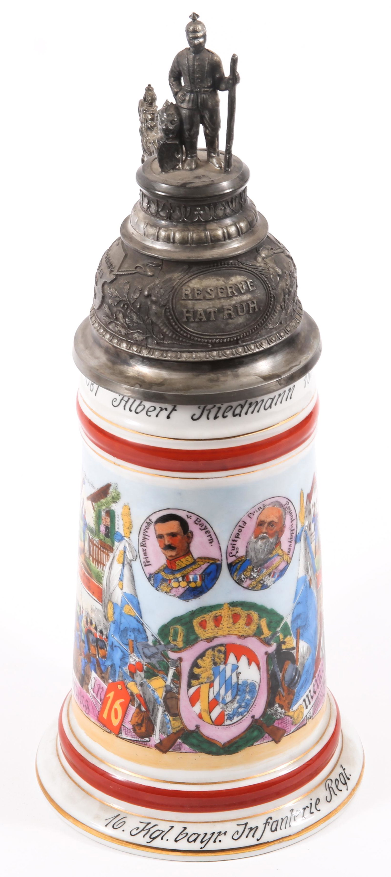 GERMAN ROYAL BAVARIAN 16TH INFANTRY REG PORCELAIN STEIN: GERMAN ROYAL BAVARIAN 16TH INFANTRY REG PORCELAIN STEIN 20th C. German Royal Bavarian 16th Infantry Regiment (16. Kgl. bayr. Infanterie-Regt.) lidded porcelain stein. Colorful painted decoration repre
