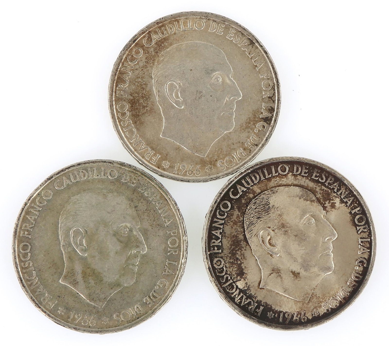 1966 SPAIN 100 PESETAS .800 SILVER COINS: 1966 SPAIN 100 PESETAS .800 SILVER COINS Three 1966 Spanish 100 Pesetas (PTAS) silver coins, .800 purity, Francisco Franco on obverse. Weight: 57 grams total