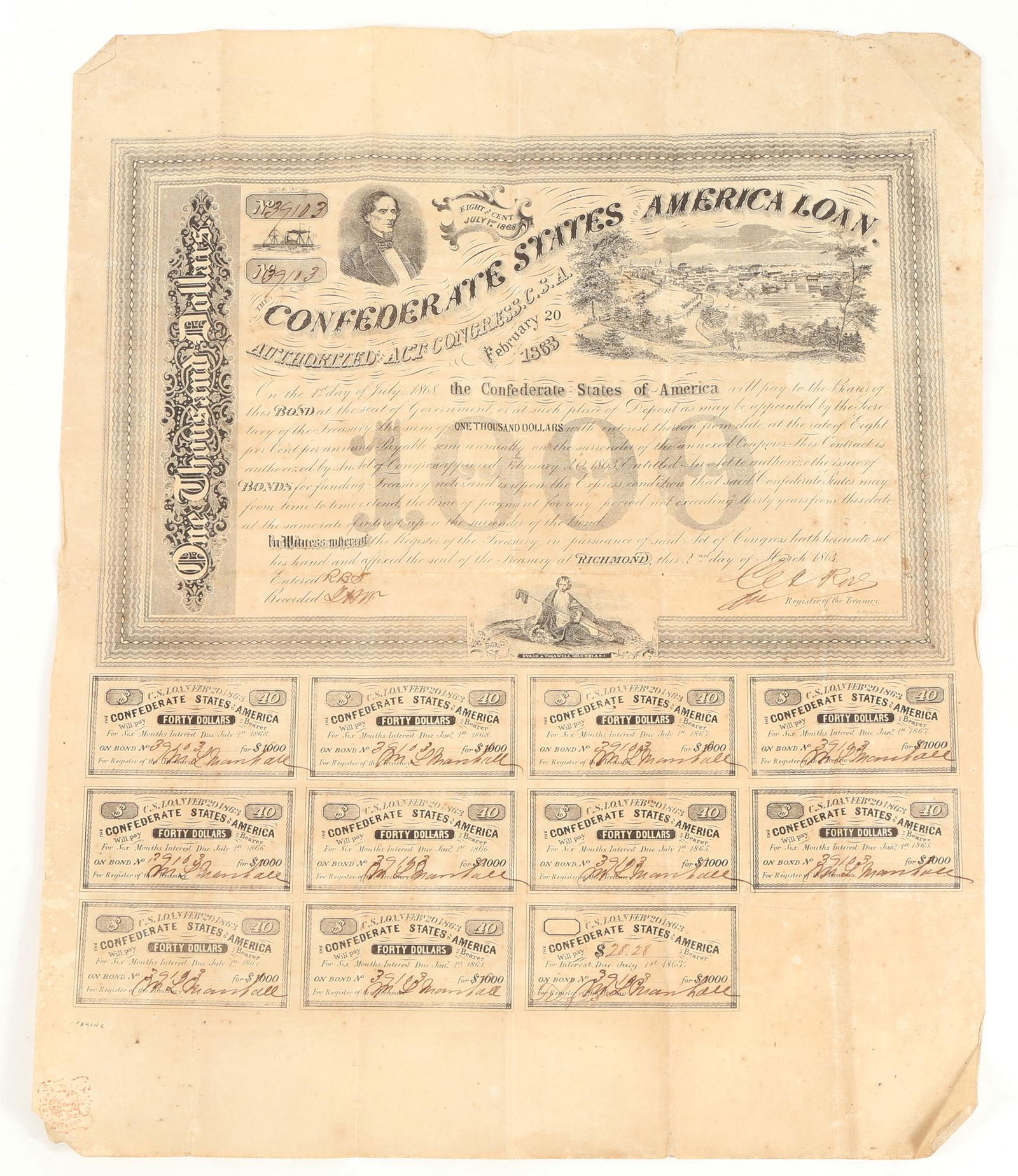 1863 $1000 BOND CONFEDERATE STATES OF AMERICA (1 of 4)