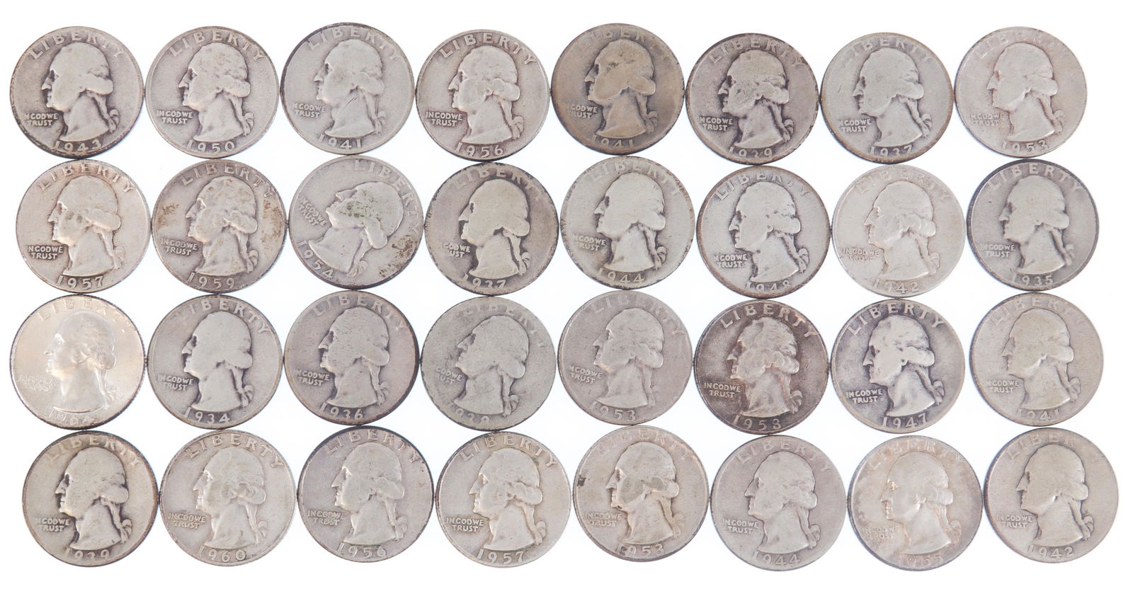US 90% SILVER WASHINGTON QUARTERS - $8 FACE VALUE (1 of 2)
