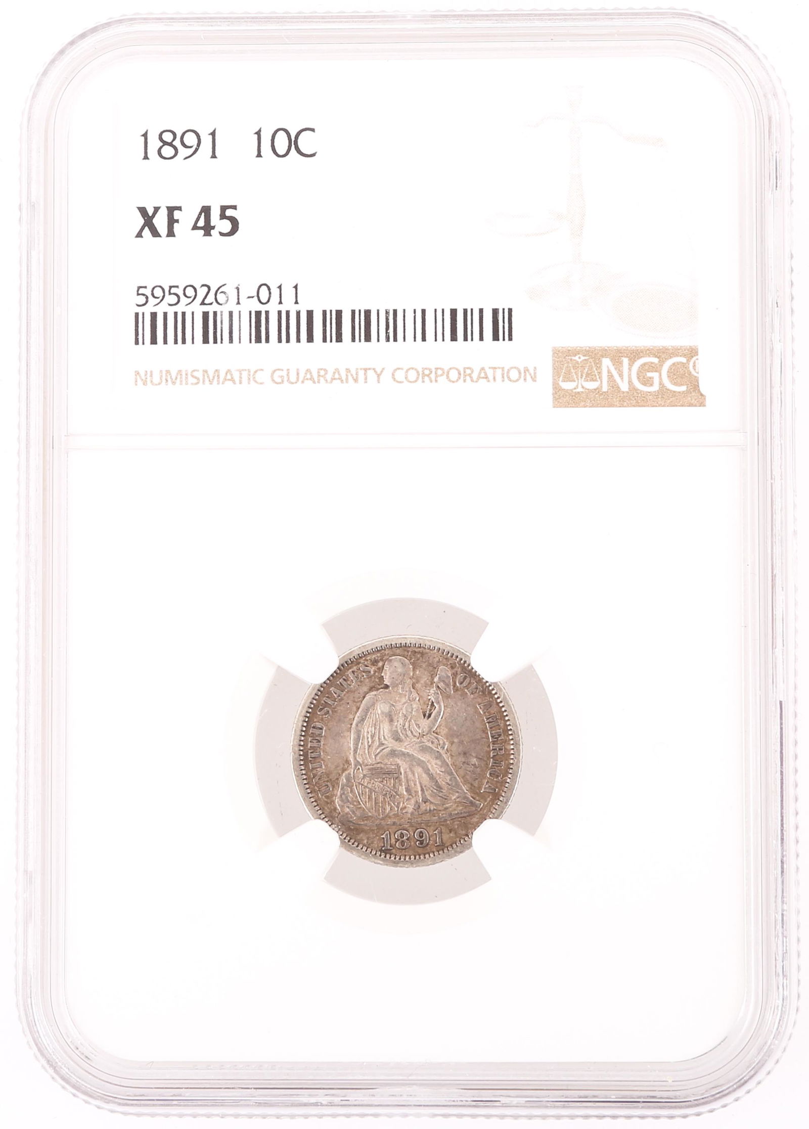 US SEATED LIBERTY 10C DIME COIN NGC XF 45 (1 of 2)
