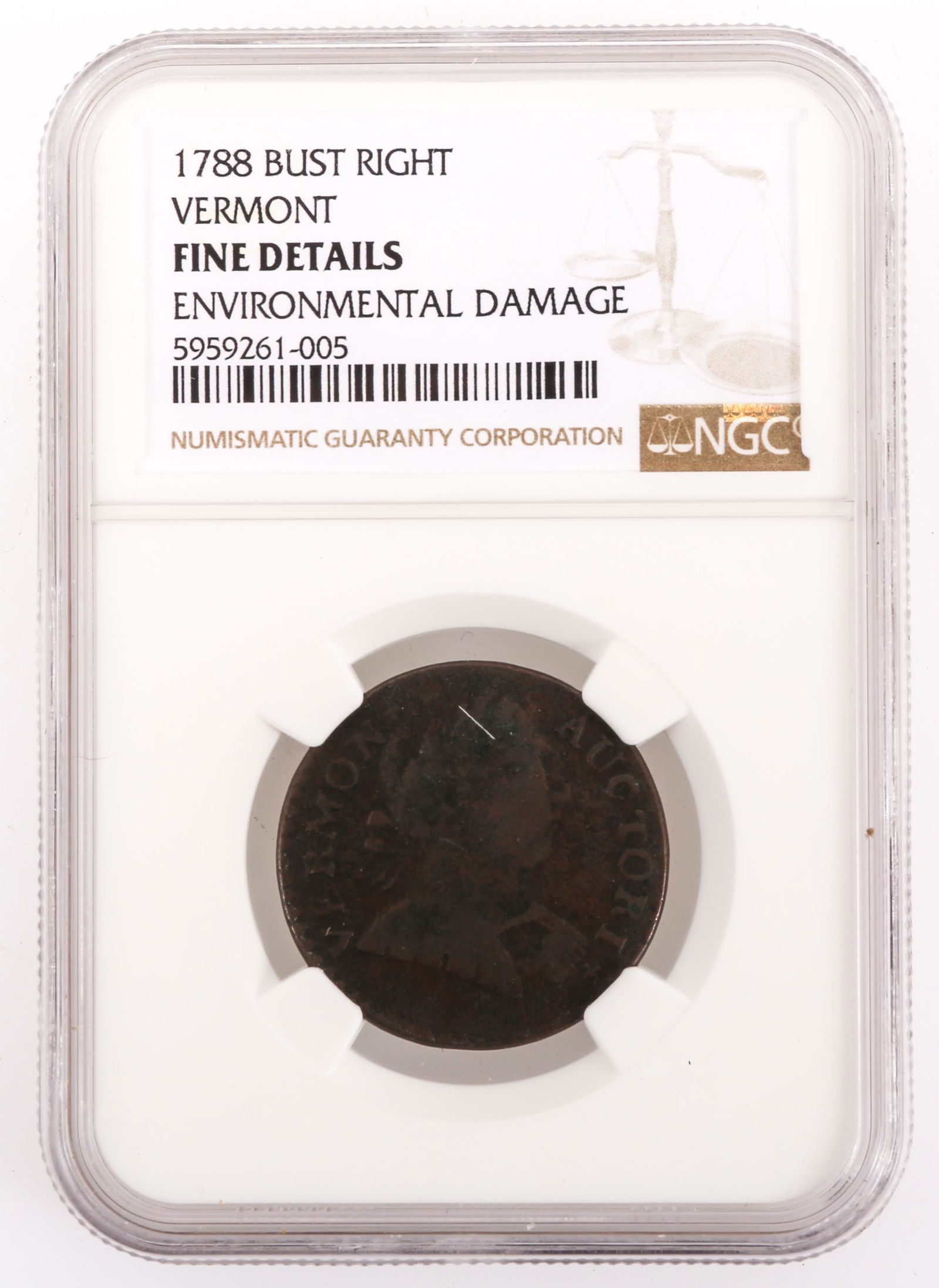 1788 VERMONT BUST RIGHT COPPER COIN NGC FINE (1 of 2)