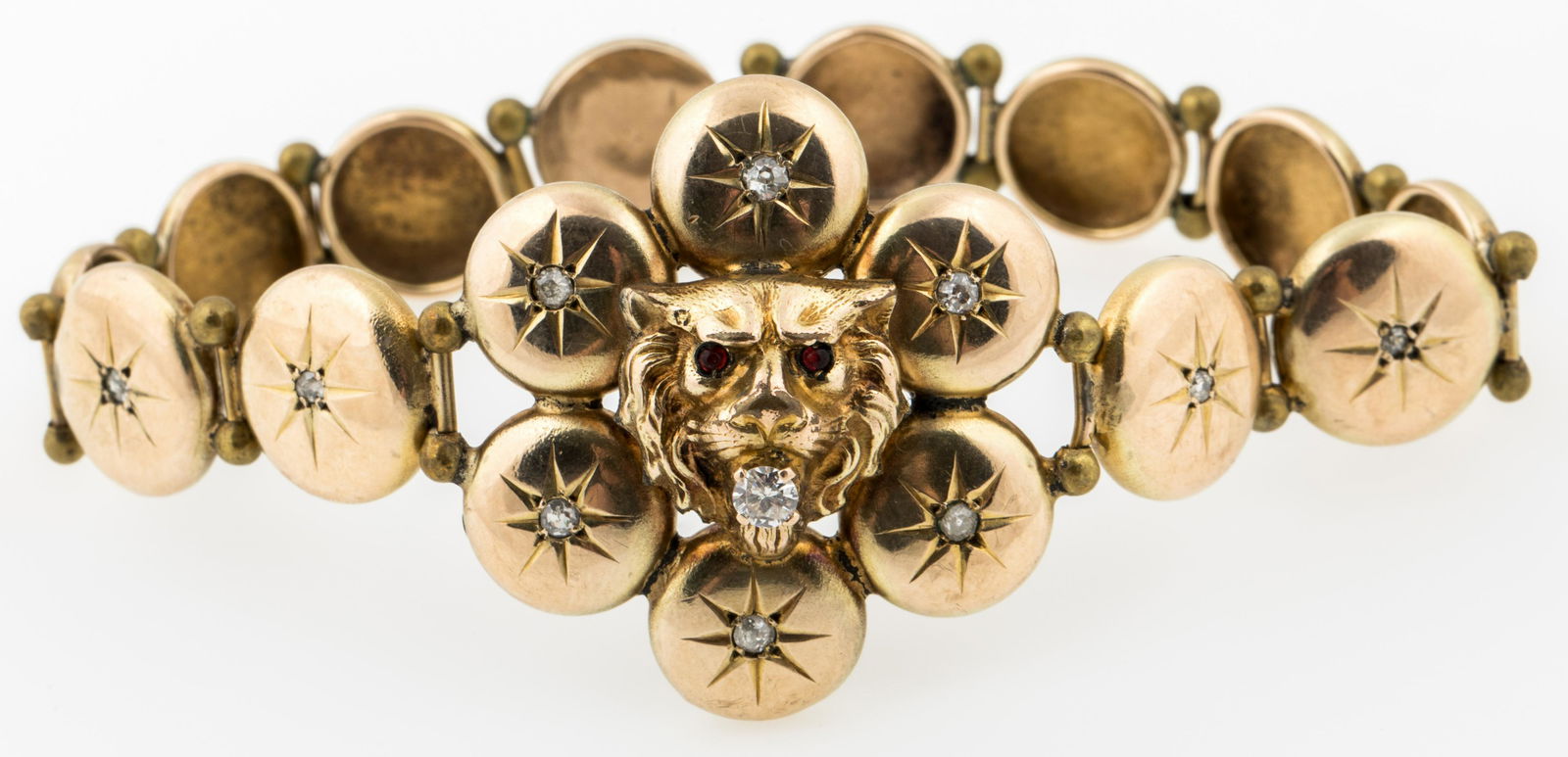 VICTORIAN 10K YELLOW GOLD DIAMOND & RUBY LION BRACELET (1 of 4)