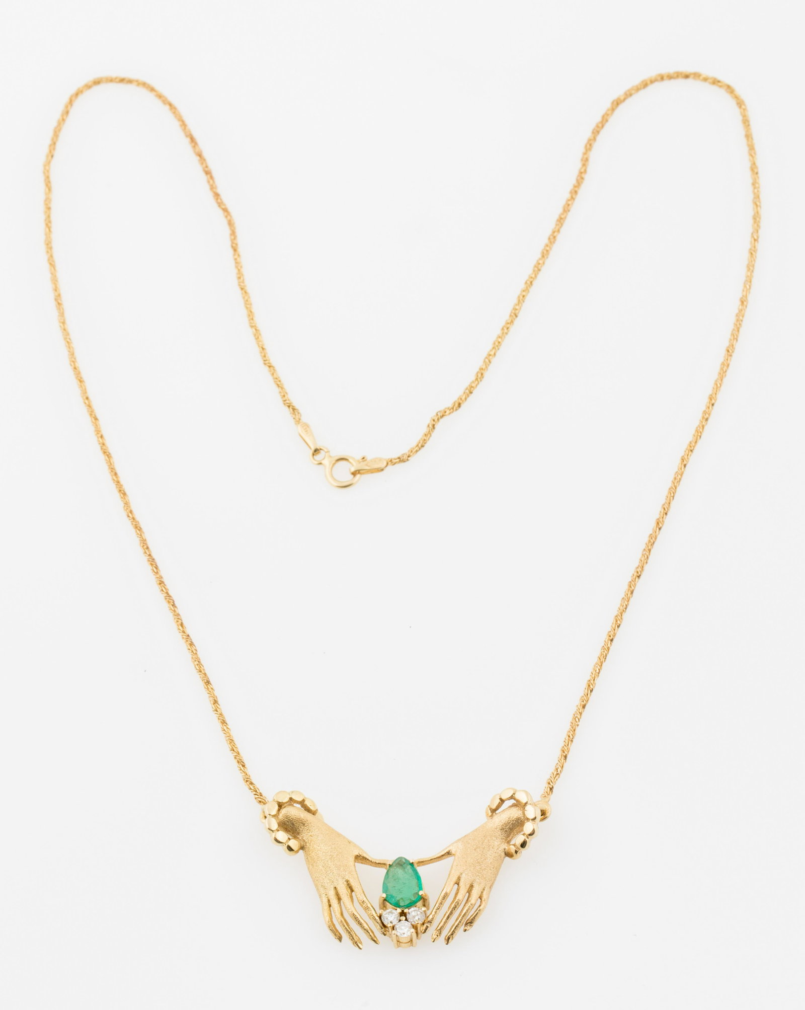 14K YELLOW GOLD EMERALD DIAMOND HANDS PENDANT NECKLACE (1 of 5)