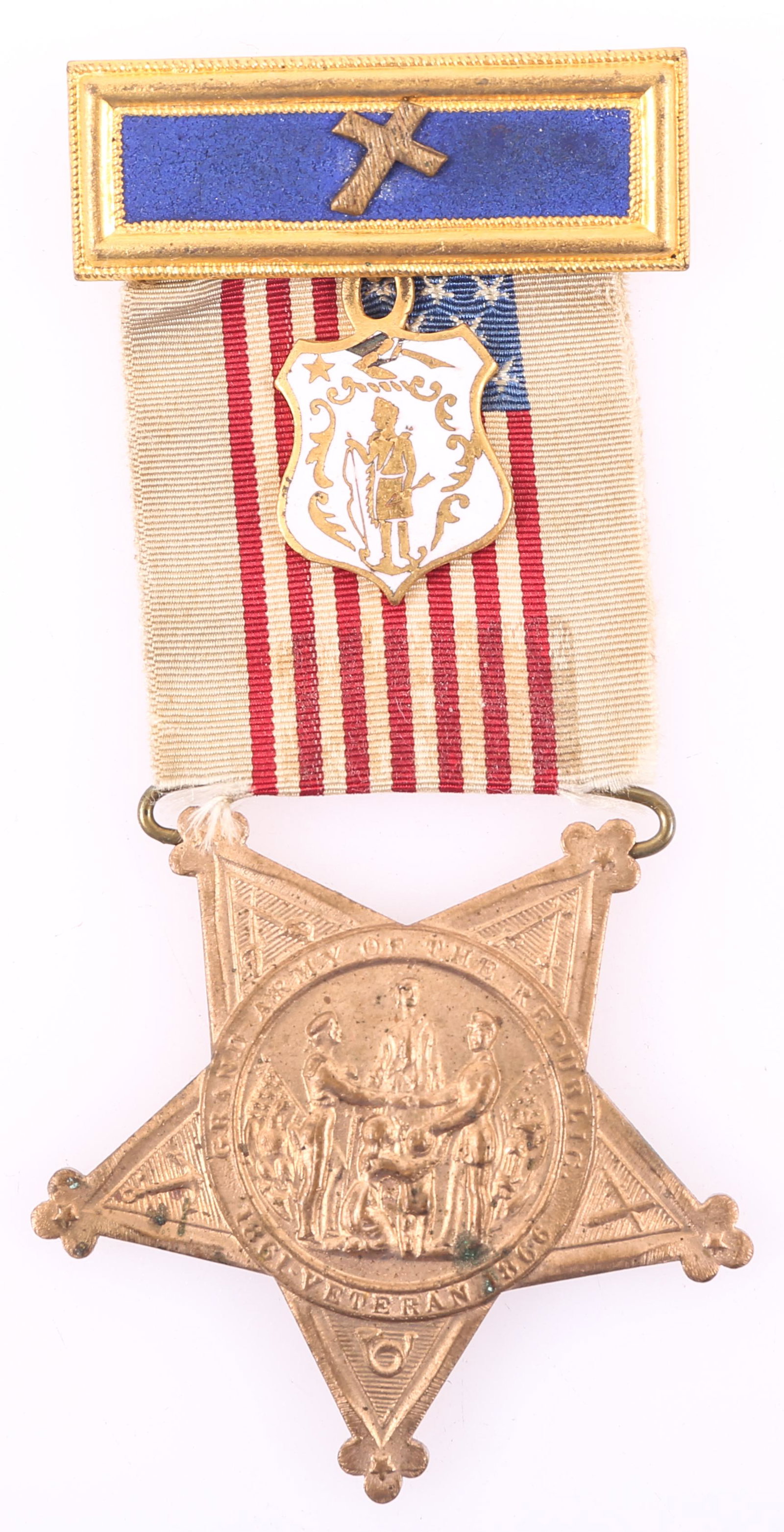 GRAND ARMY OF THE REPUBLIC CHAPLAIN MEMBERSHIP BADGE: GRAND ARMY OF THE REPUBLIC CHAPLAIN MEMBERSHIP BADGE Grand Army of the Republic (GAR) membership badge with a post chaplain suspension bar, United States flag ribbon, enamel charm, and star shaped pen