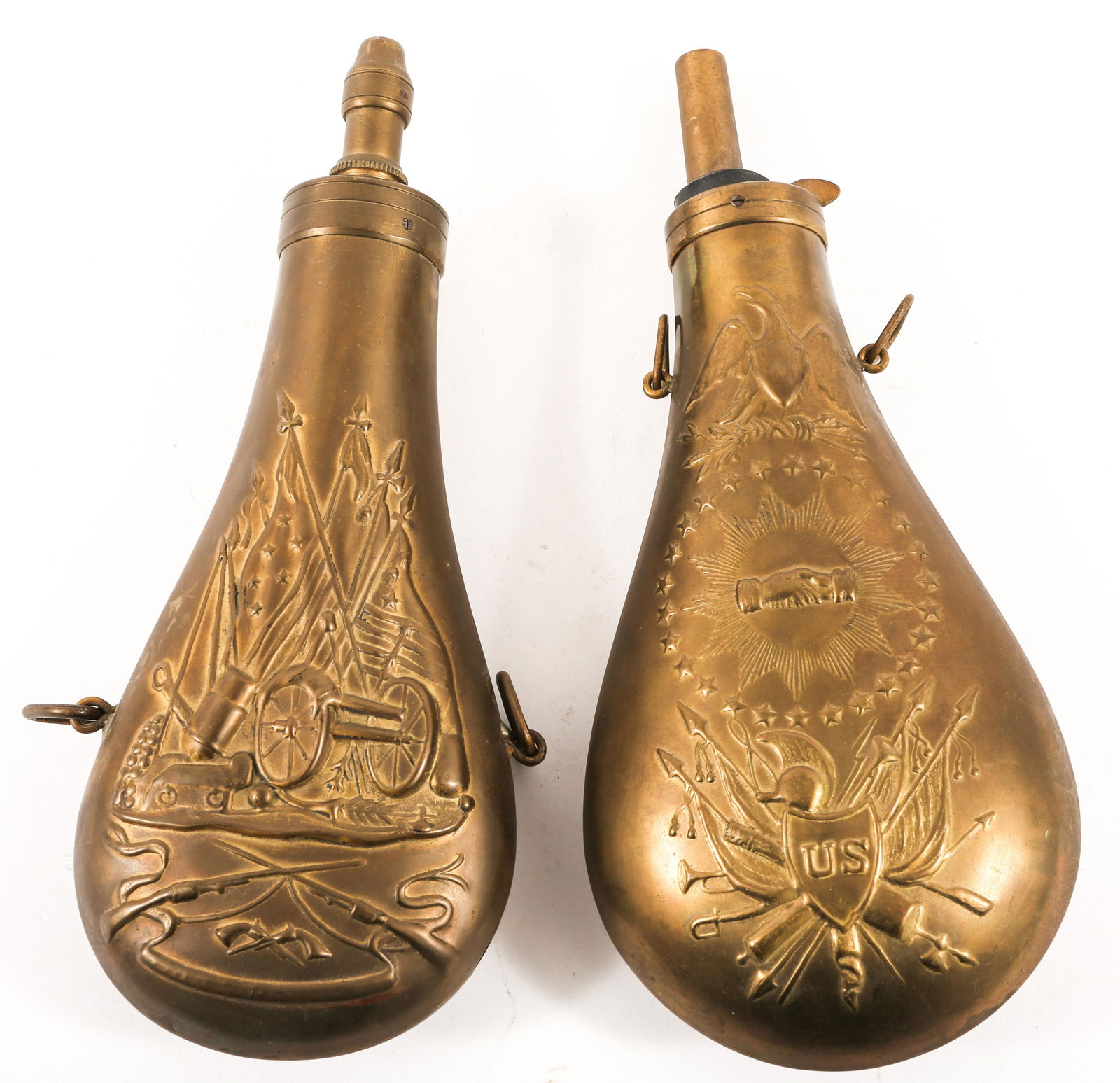 19TH C. BRASS U.S. POWDER FLASKS LOT OF TWO (1 of 3)