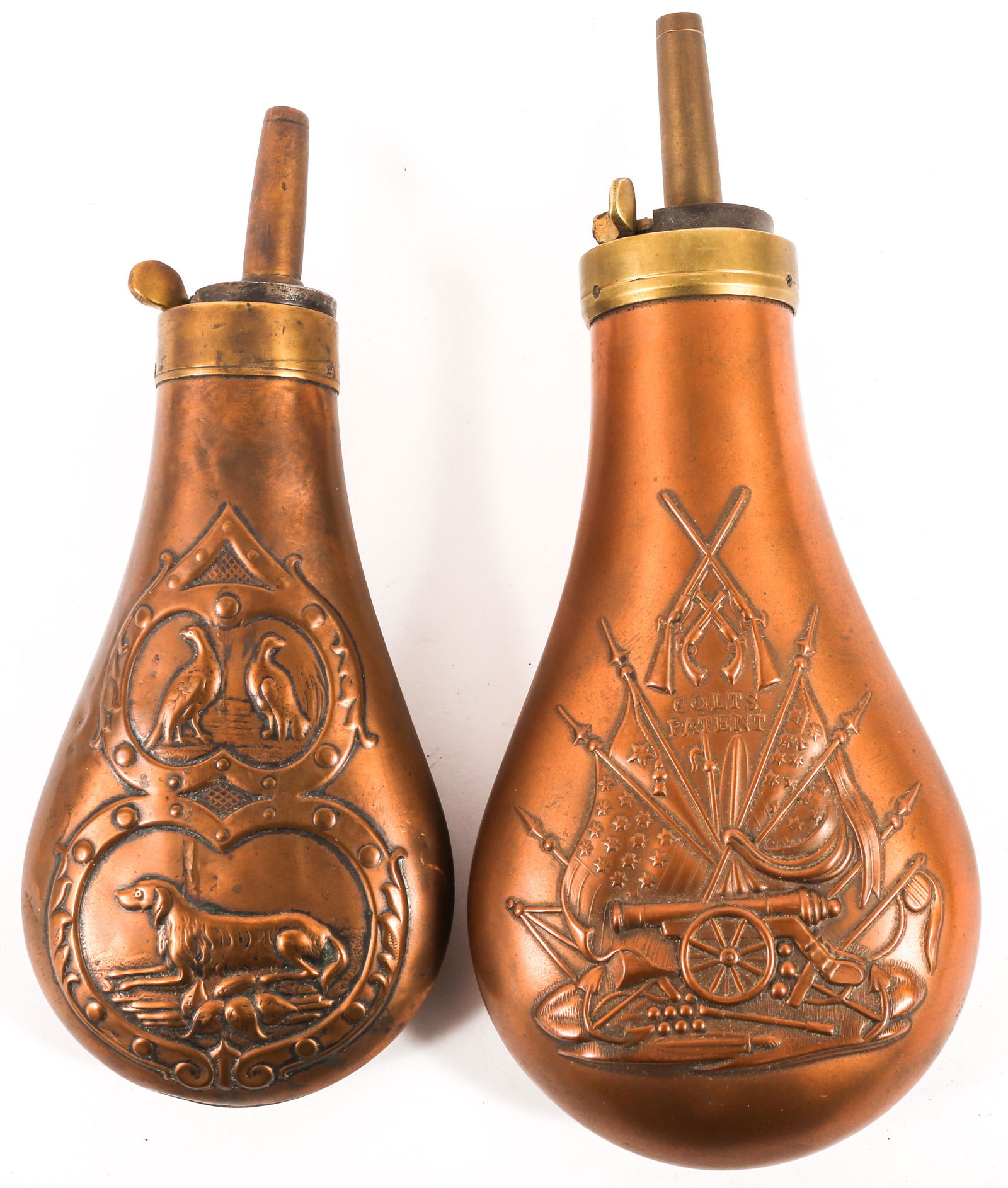 19TH C. COPPER/BRASS POWDER FLASKS LOT OF TWO (1 of 2)