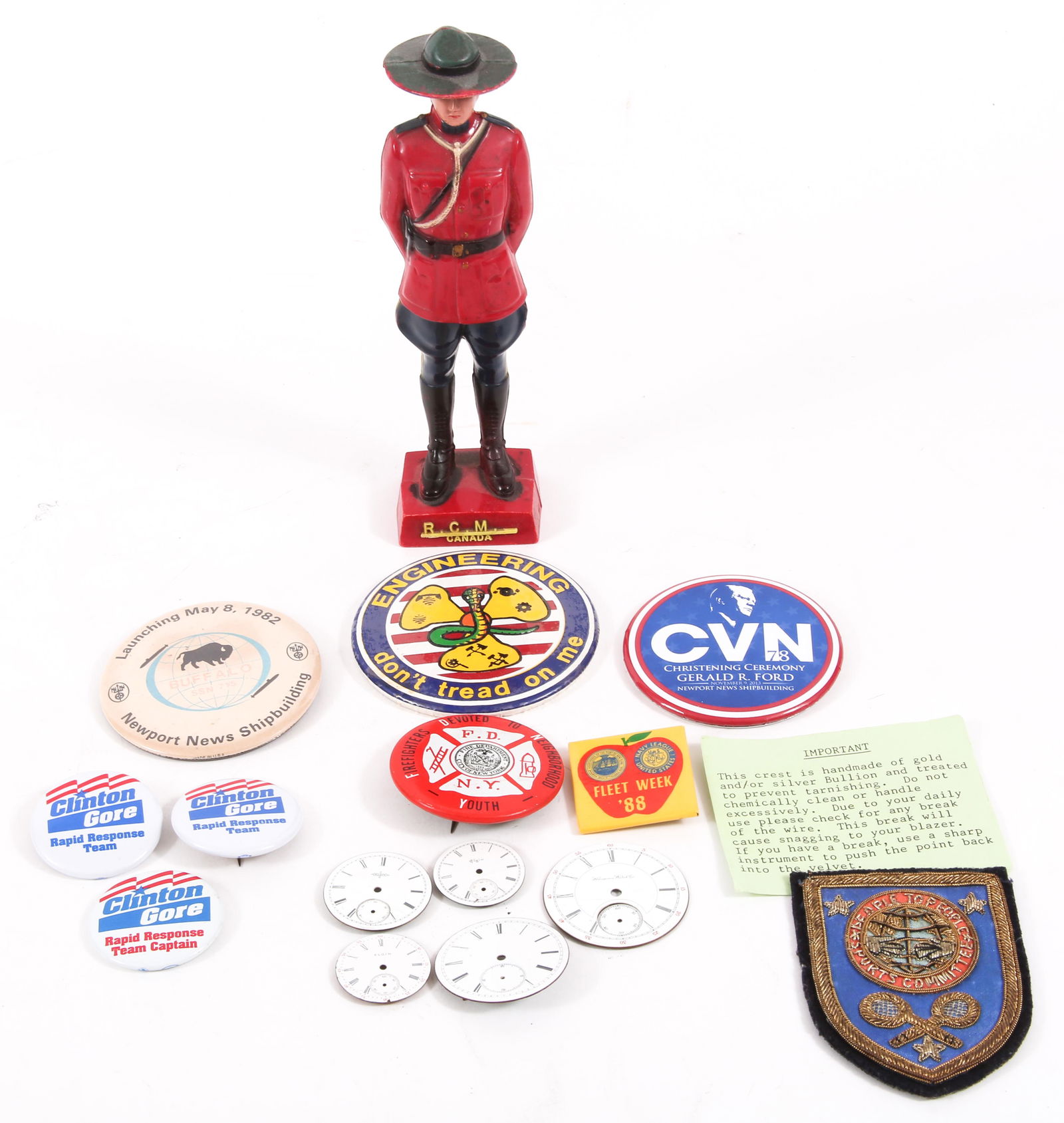 POCKET WATCH DIALS, POLITICAL BUTTONS, CANADIAN MOUNTIE (1 of 6)