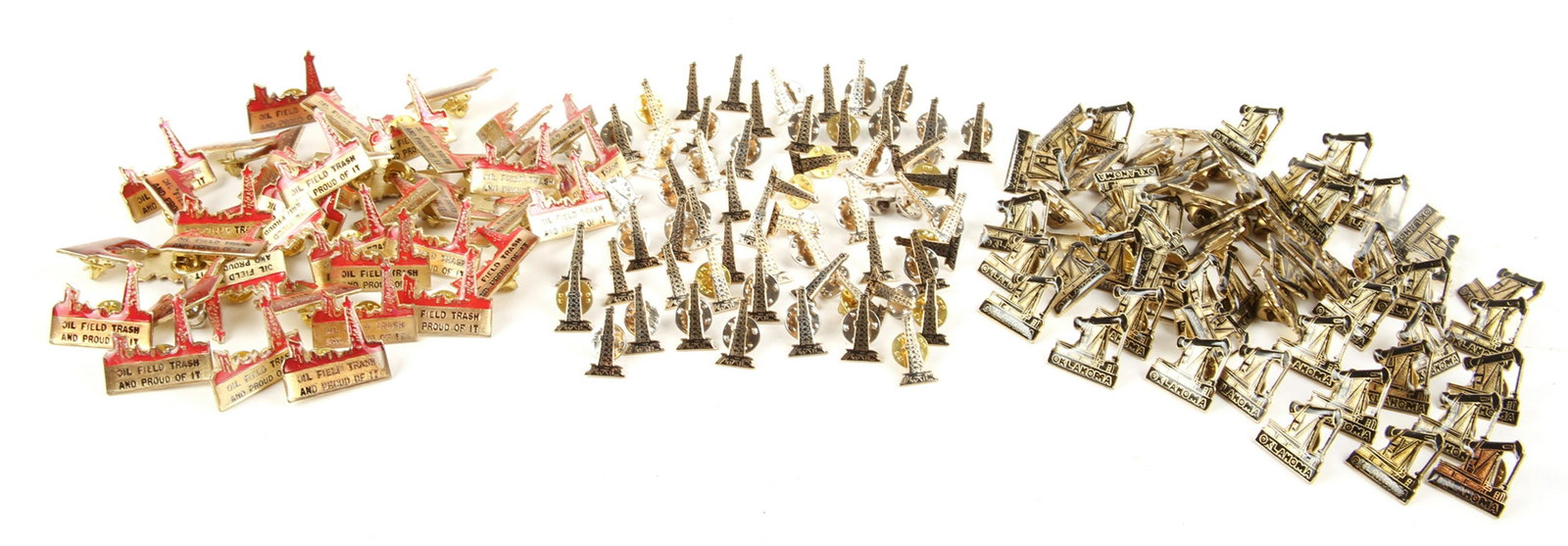OIL FIELD, OIL DERRICK AND OKLAHOMA PINS - LOT OF 150: OIL FIELD, OIL DERRICK AND OKLAHOMA PINS - LOT OF 150 Lot of 150 oil field, oil derrick and Oklahoma commemorative pins. Includes: 40 red enameled "Oil Field Trash and Proud of It" pins. Measure 1.25 