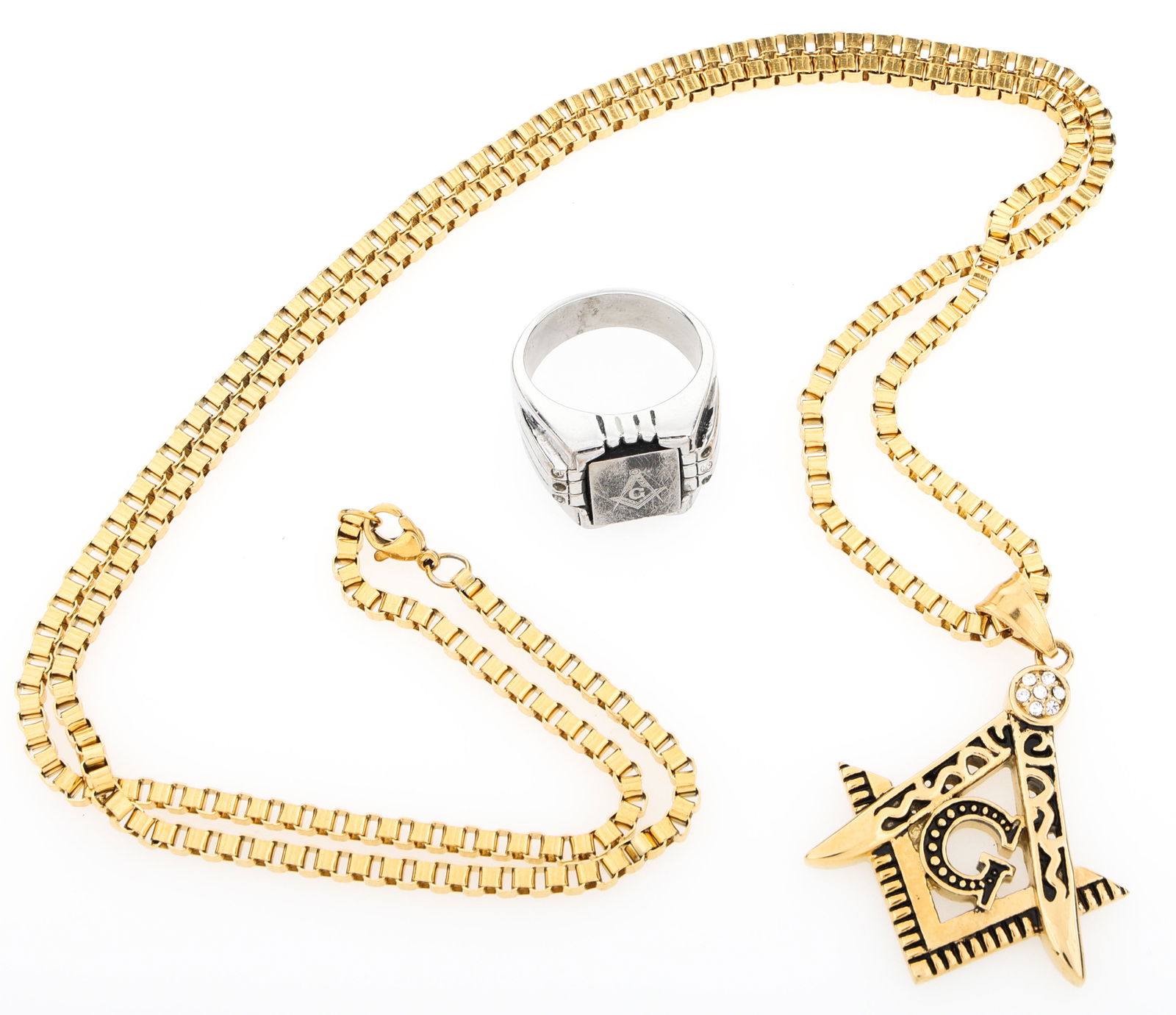 MASONIC COSTUME JEWELRY NECKLACE AND RING (1 of 5)