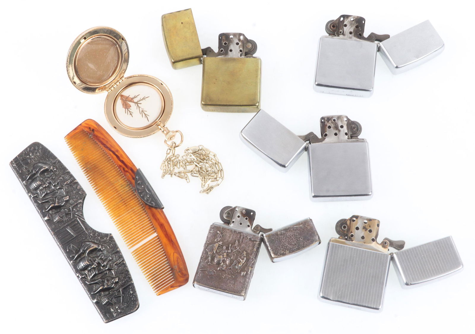 ZIPPO LIGHTERS, SILVER PLATE COMB, & COMPACT LOCKET (1 of 12)