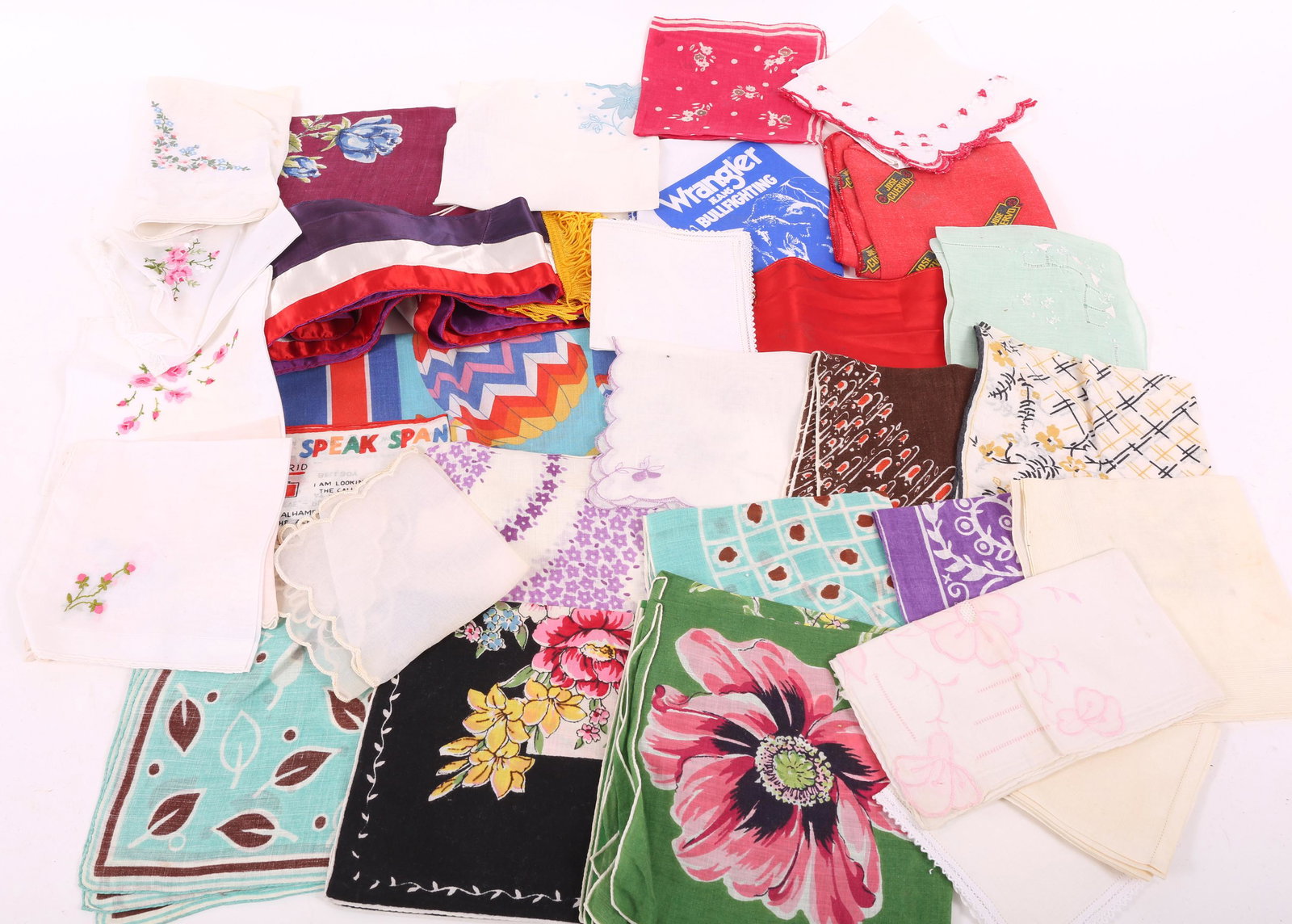 DECORATIVE HANDKERCHIEFS & BANDANAS: DECORATIVE HANDKERCHIEFS & BANDANAS Collection of linen and cotton handkerchiefs and promotional bandanas. Size: Varied