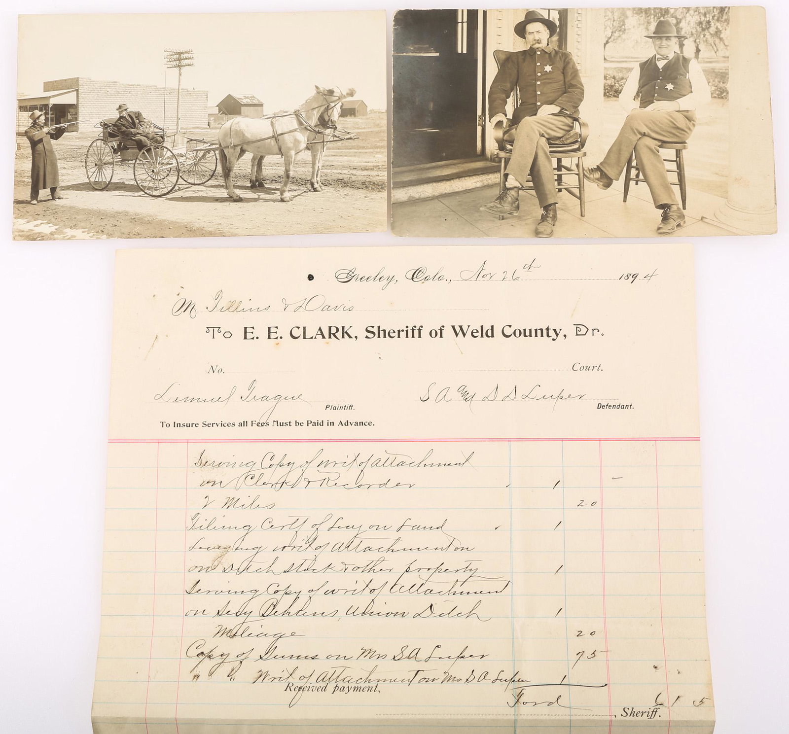 LAWMEN REAL PHOTO POSTCARDS & EPHEMERA GROUPING: LAWMEN REAL PHOTO POSTCARDS & EPHEMERA GROUPING Lawmen images and ephemera grouping, to include: Real photo postcard of two lawmen, unarmed, circa 1910. 5 1/2 x 3 3/8" Real photo postcard of she