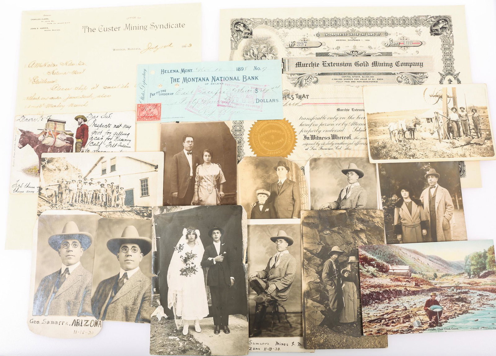 WESTERN PROSPECTING & MINING IMAGE POSTCARDS & EPHEMERA: WESTERN PROSPECTING & MINING IMAGE POSTCARDS & EPHEMERA Western prospecting and mining images, to include: (8) Photo postcards dated 1906-1920 relating to a "George Samarra, Arizona". Color tint