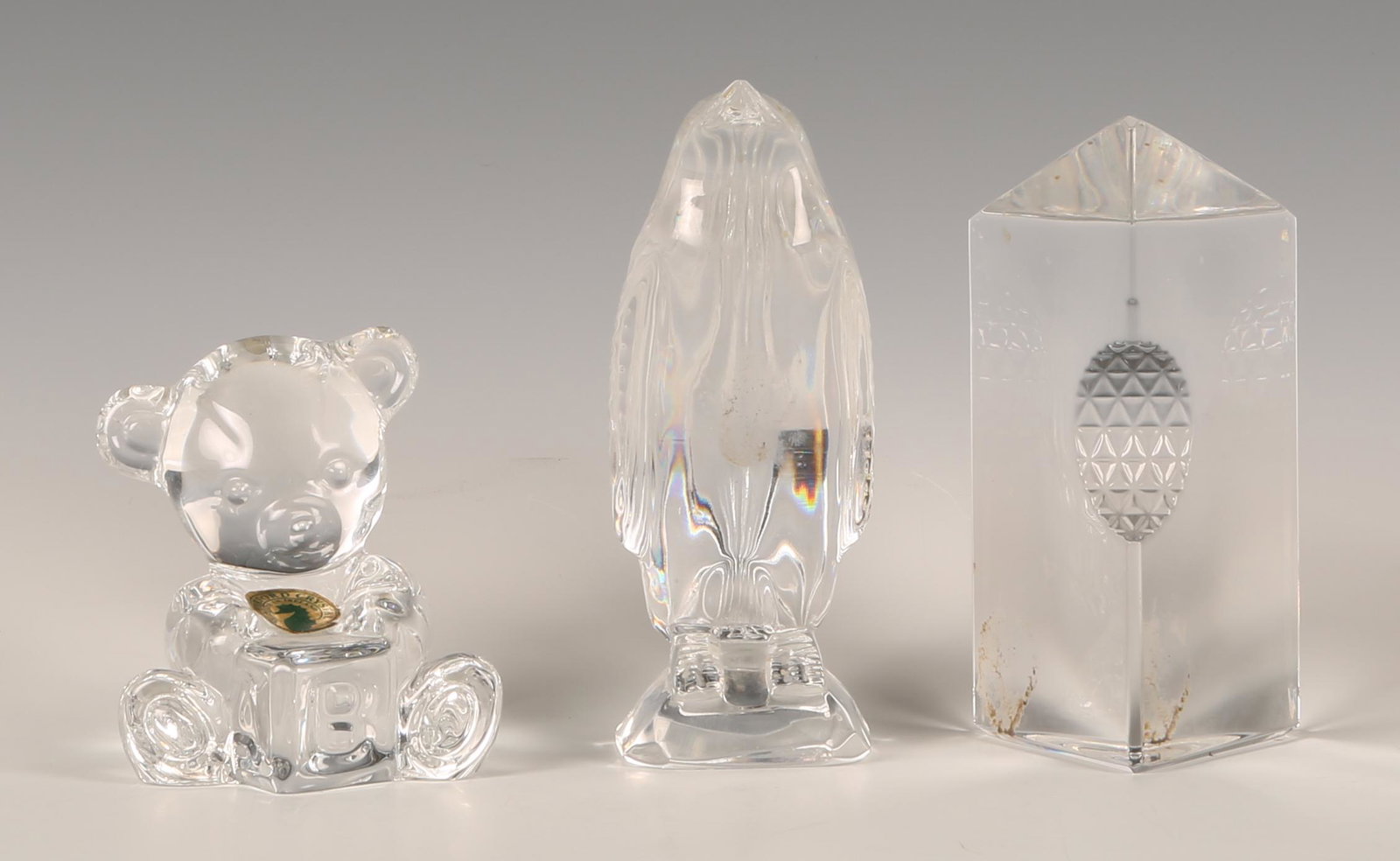 WATERFORD CRYSTAL PAPERWEIGHTS - LOT OF 3: WATERFORD CRYSTAL PAPERWEIGHTS - LOT OF 3 Waterford Crystal paperweights to include: "Teddy bear with ABC block" 2.9" "Penguin" 4.3" "Star of hope" 4.2"