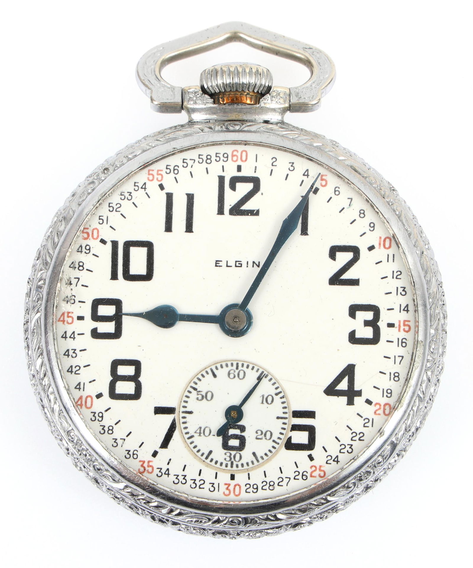 20TH C. ELGIN B.W. RAYMOND SILVER TONE POCKET WATCH (1 of 4)