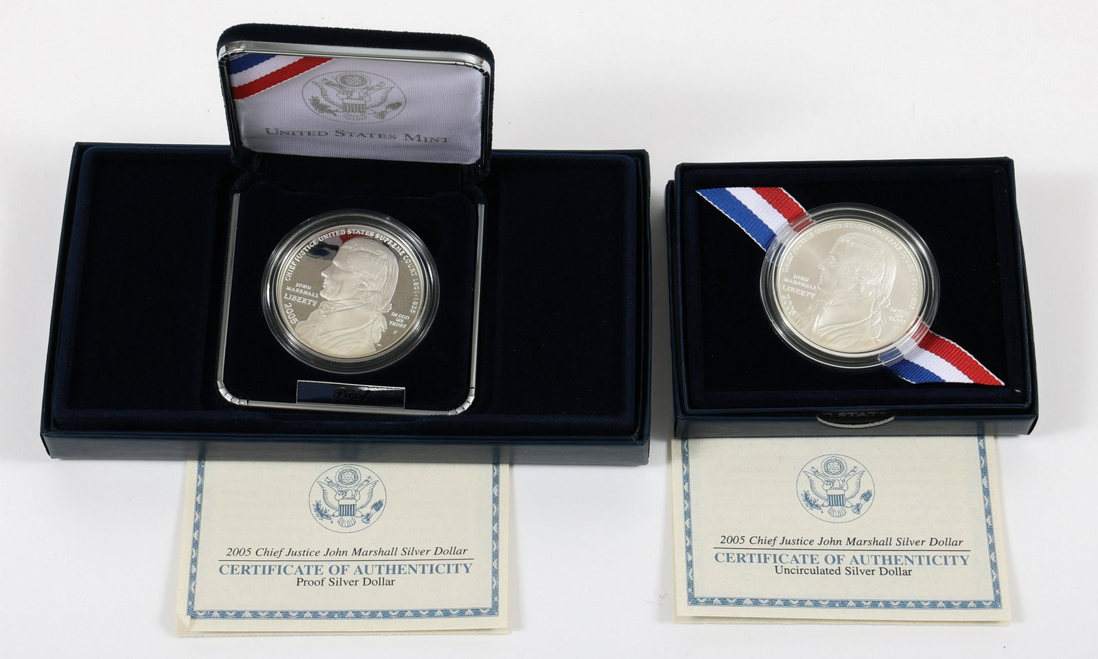 2005 US CHIEF JUSTICE JOHN MARSHALL SILVER DOLLAR COINS: 2005 US CHIEF JUSTICE JOHN MARSHALL SILVER DOLLAR COINS Two 2005-P Philadelphia mint United States "Chief Justice John Marshall" commemorative silver dollar coins, .900 fineness, each to include origi