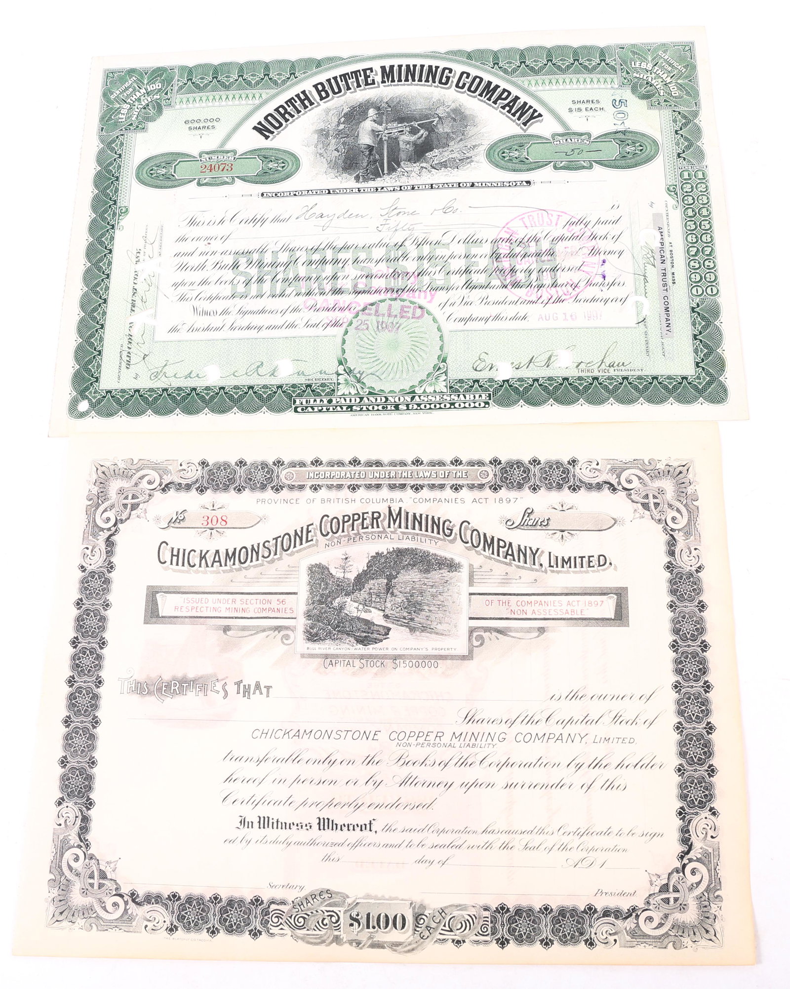 EARLY 20TH C. MINING COMPANY CAPITAL STOCK CERTIFICATES (1 of 5)
