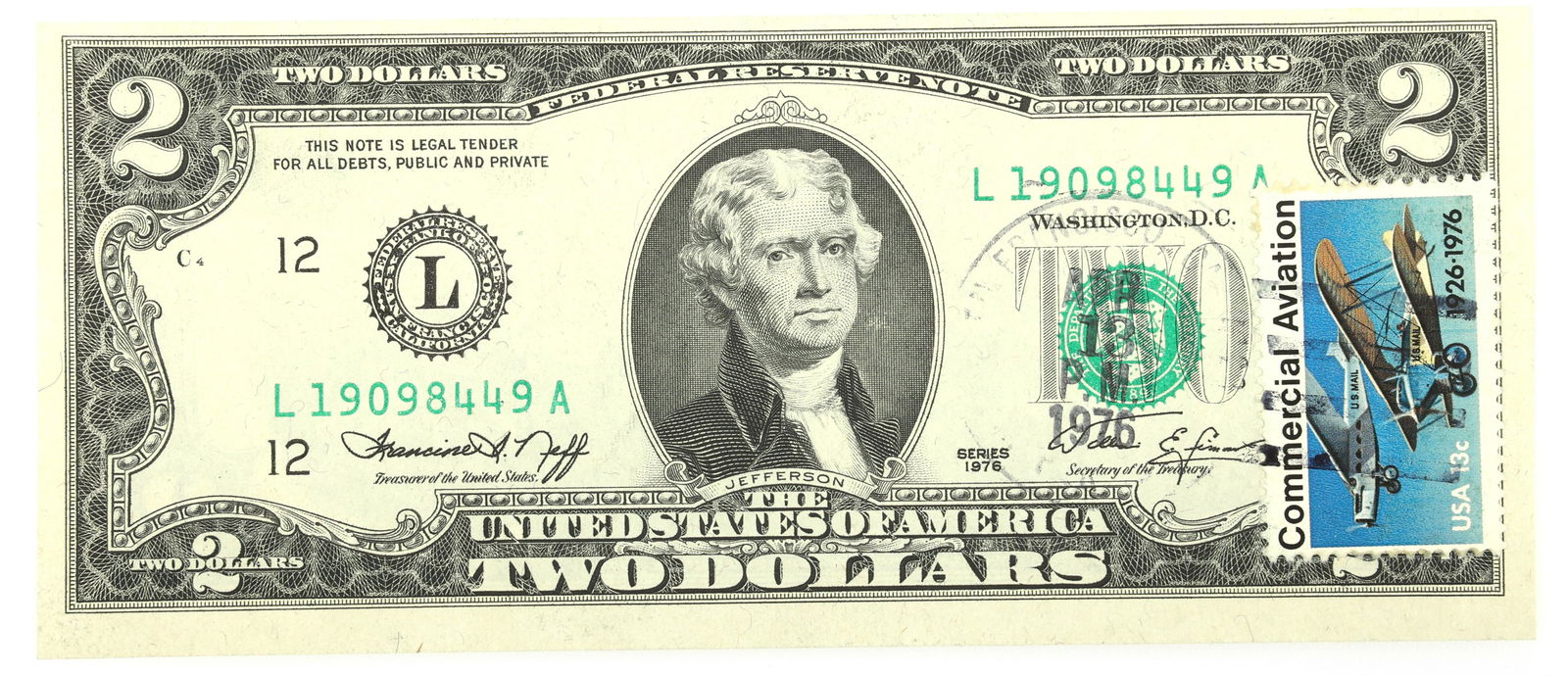 1976 US $2 BICENTENNIAL 1st DAY ISSUE NOTE WITH STAMP (1 of 2)