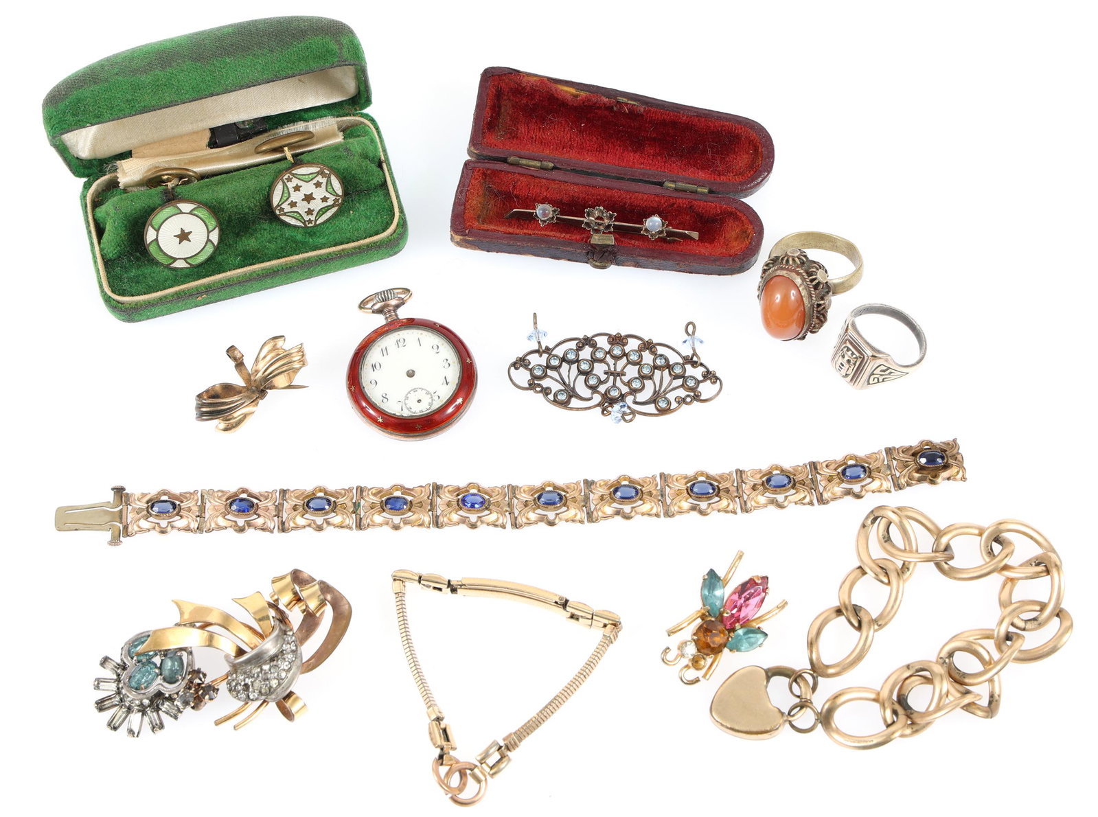 20TH C. GOLD FILLED JEWELRY - BROOCHES, RINGS, & MORE: 20TH C. GOLD FILLED JEWELRY - BROOCHES, RINGS, & MORE 20th century gold filled jewelry, includes: Bracelet with blue spinel Charm bracelet with locket style clasp Carnelian cocktail ring Watch-band br