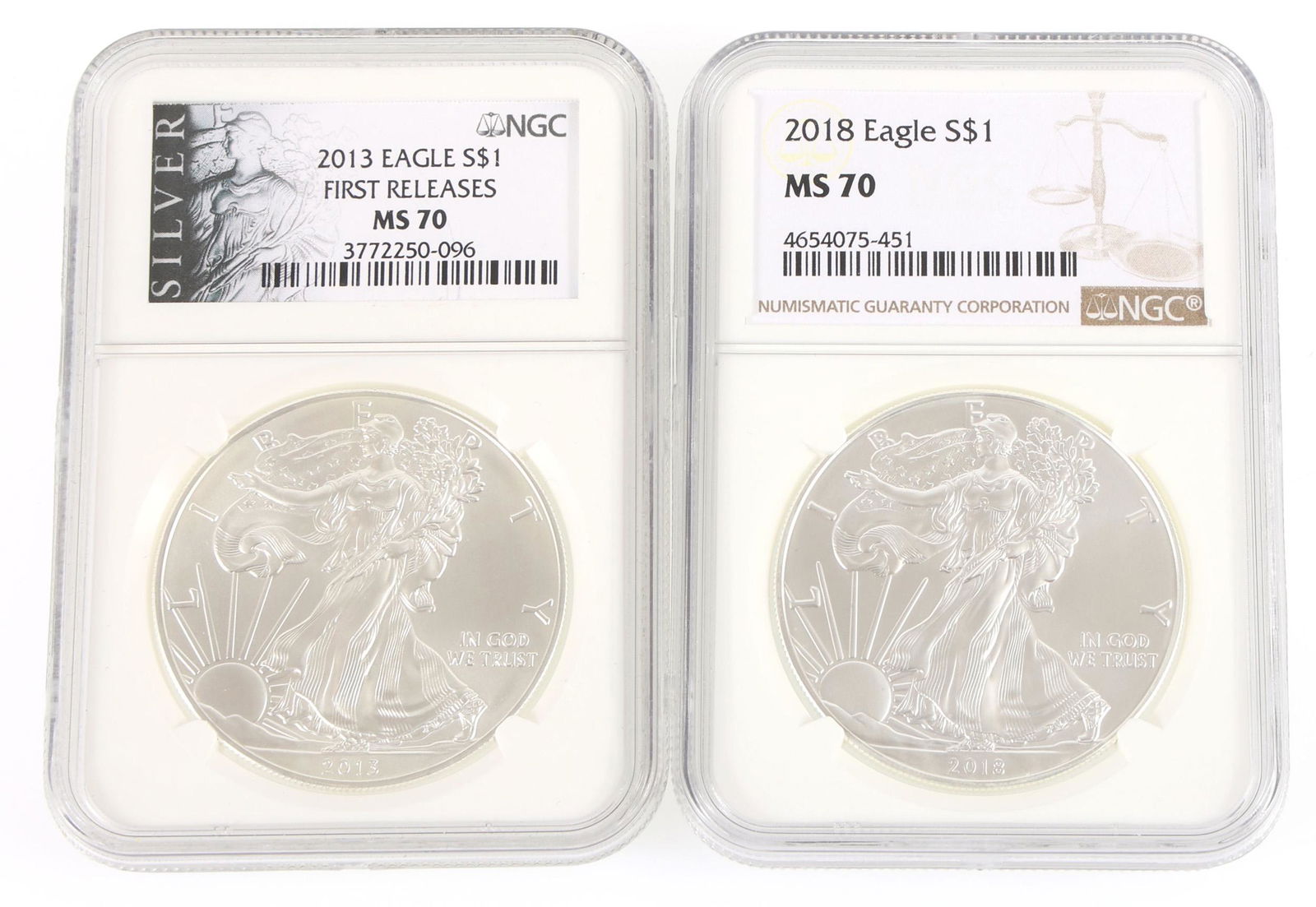 2013 & 2018 US 1 OZ SILVER AMERICAN EAGLE COINS NGC MS70 (1 of 2)