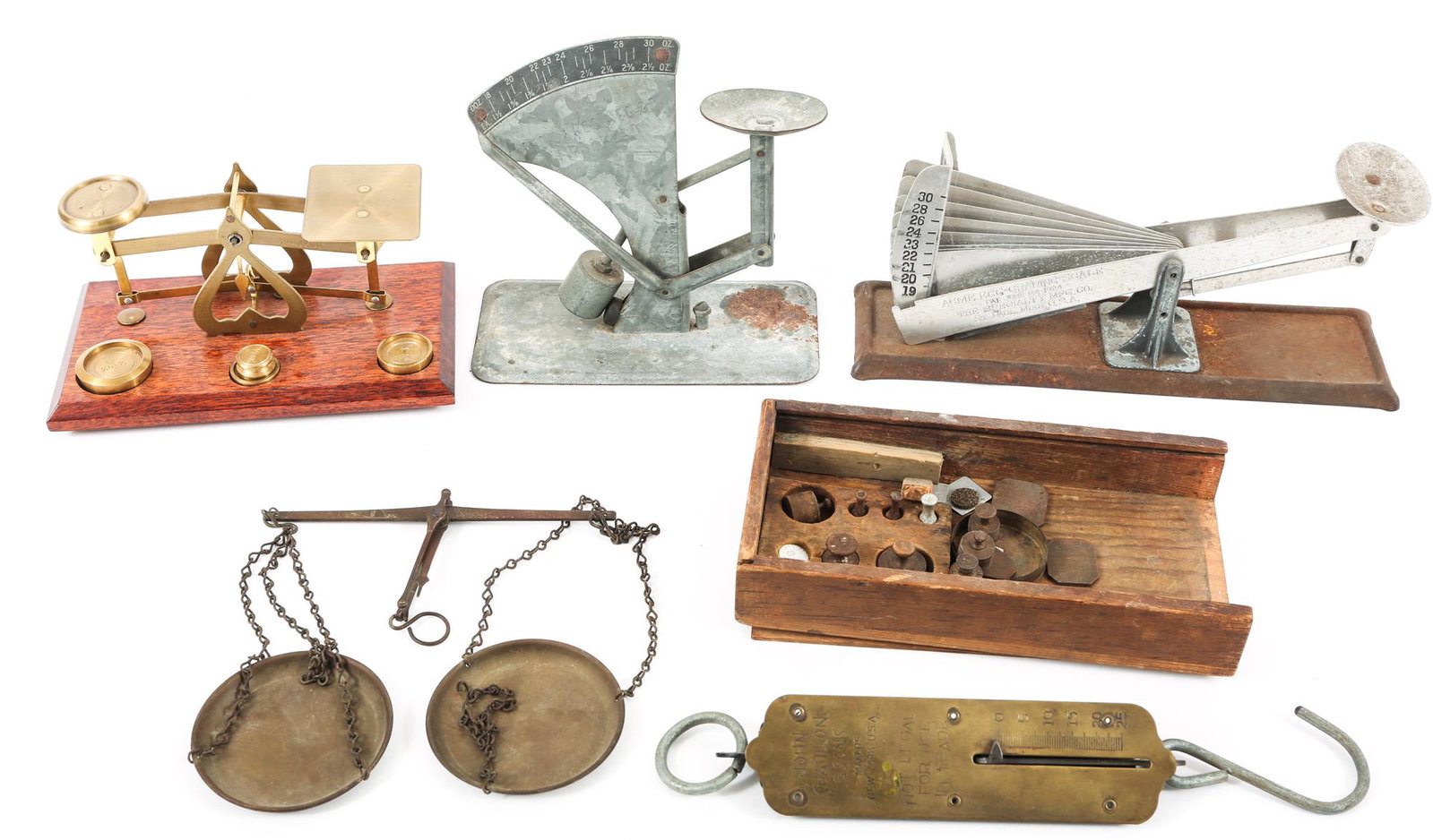 20TH C. MANUAL SCALES: 20TH C. MANUAL SCALES Lot of five 20th C. manual scales, includes: (1) Roberval scale, 7" x 3" (2) Pendulum scale, 6.5" x 6.5" & 9.5" x 4.5 (1) Equal Arm Beam scale, 9" x 10" (1) Tubular Spri