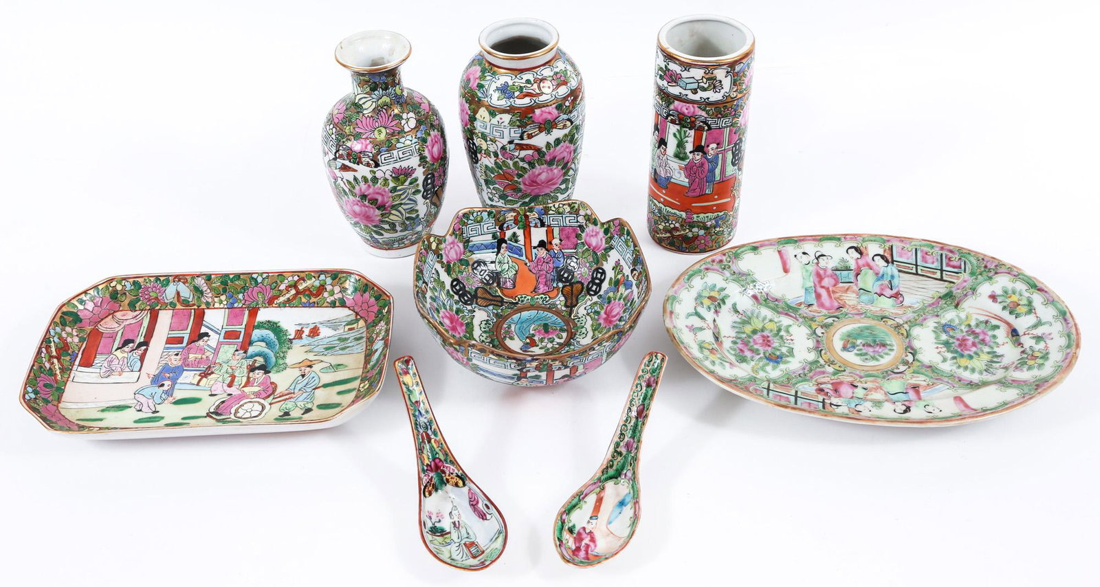 CHINESE ROSE MEDALLION PORCELAIN DECOR & SERVEWARE: CHINESE ROSE MEDALLION PORCELAIN DECOR & SERVEWARE Chinese porcelain rose medallion patterned dÃ©cor and serveware, includes: Cylindrical vase, 6.25" Two traditional vases, 6.25" Bowl, 6 x 3" Recta