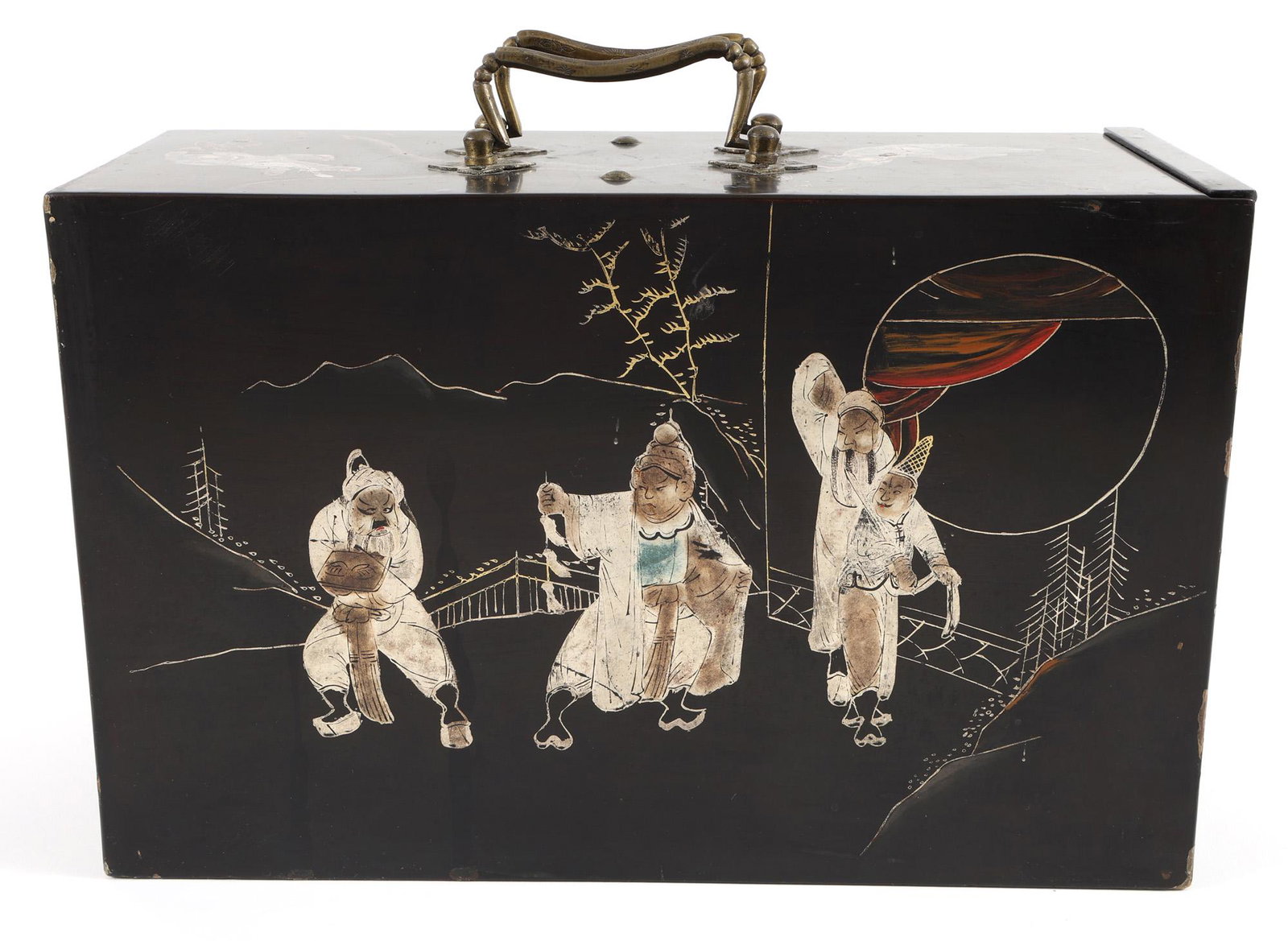 20TH C. PARTIAL MAHJONG SET: 20TH C. PARTIAL MAHJONG SET Parital Marjong set, circa 20th century, includes bone and bamboo playing pieces contained in a lacquer wood box depicting hand painted mythological figures. Size: 12.