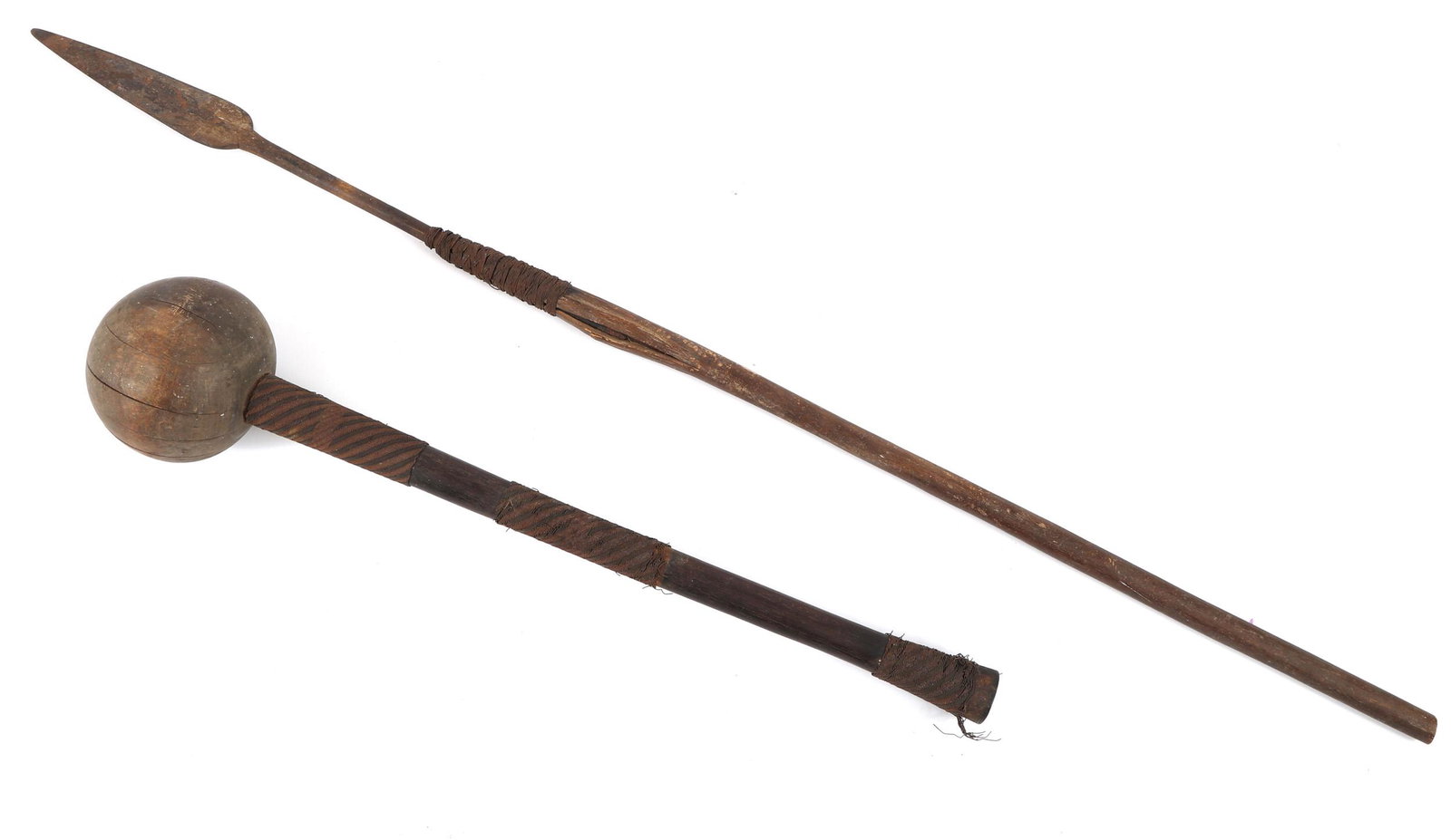 EARLY 20TH C. ZULU KNOBKERRIE & IKLWA: EARLY 20TH C. ZULU KNOBKERRIE & IKLWA Early 20th century Zulu weapons. Includes: Knobkerrie with woven wire bands, 22.25" Iklwa with W. Marples & Sons spear head, 40.25" Si