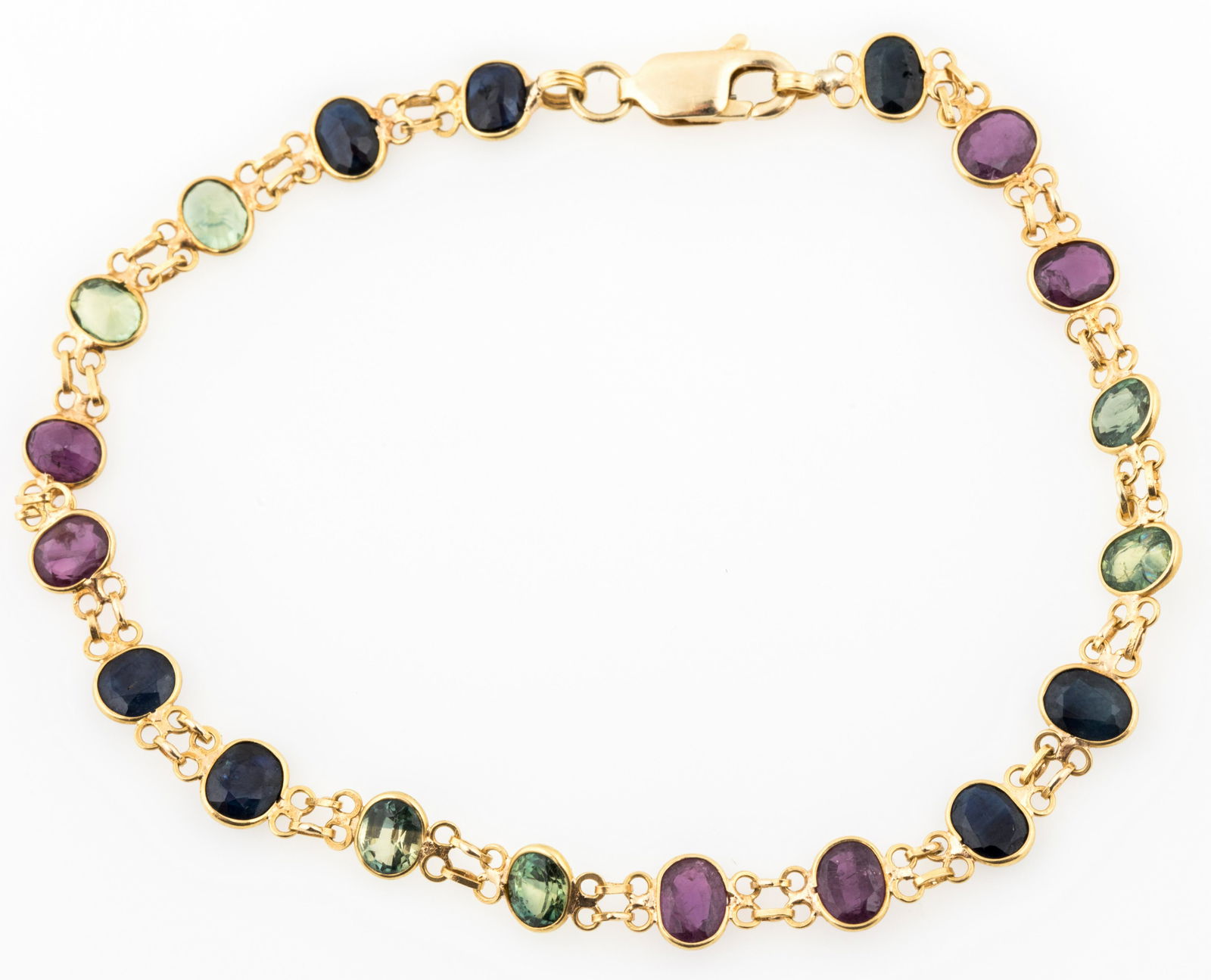 14K YELLOW GOLD RUBY, SAPPHIRE, & CHRYSOBERYL BRACELET (1 of 5)